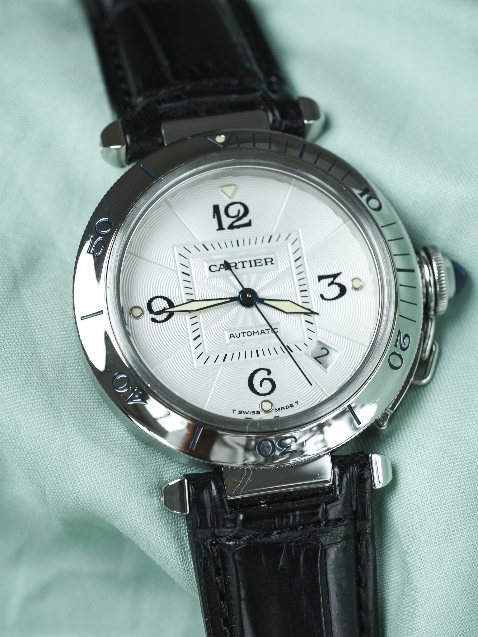 Cartier - Pasha 2378 Guilloché 38mm Steel Case Back Crystal - 1990s 