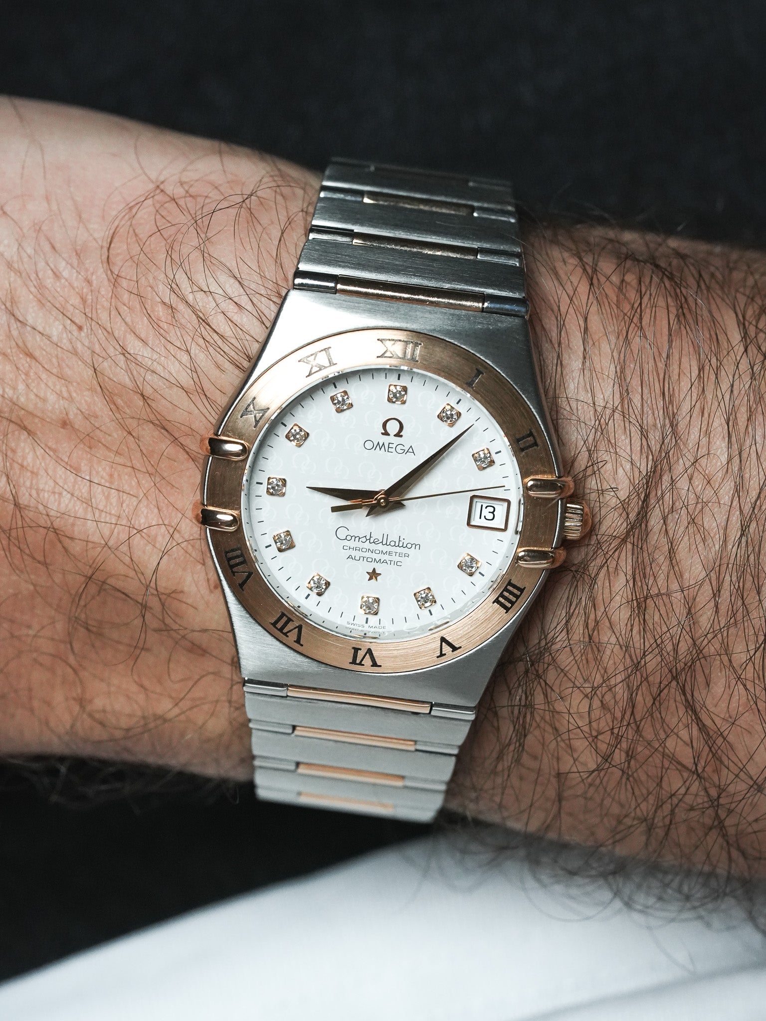 ساعة Omega Constellation الذكرى الخمسين 1304.35.00 - الفولاذ والذهب الوردي والألماس (العقد 2000) 