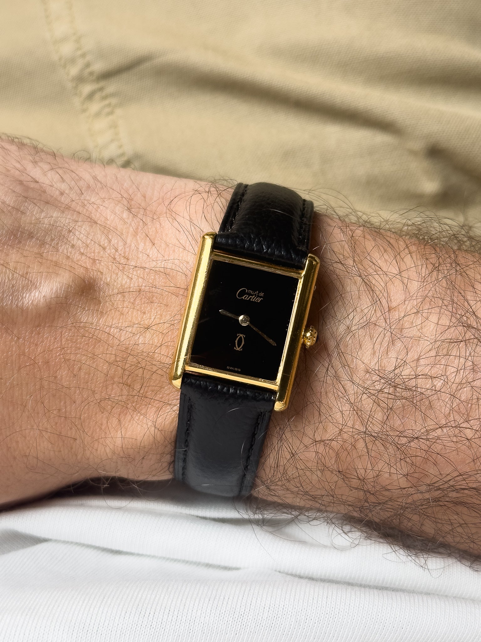 Cartier - Tank Must de Cartier 23x30 Vermeil Cadran Noir laqué Boucle Déployante - 1980s