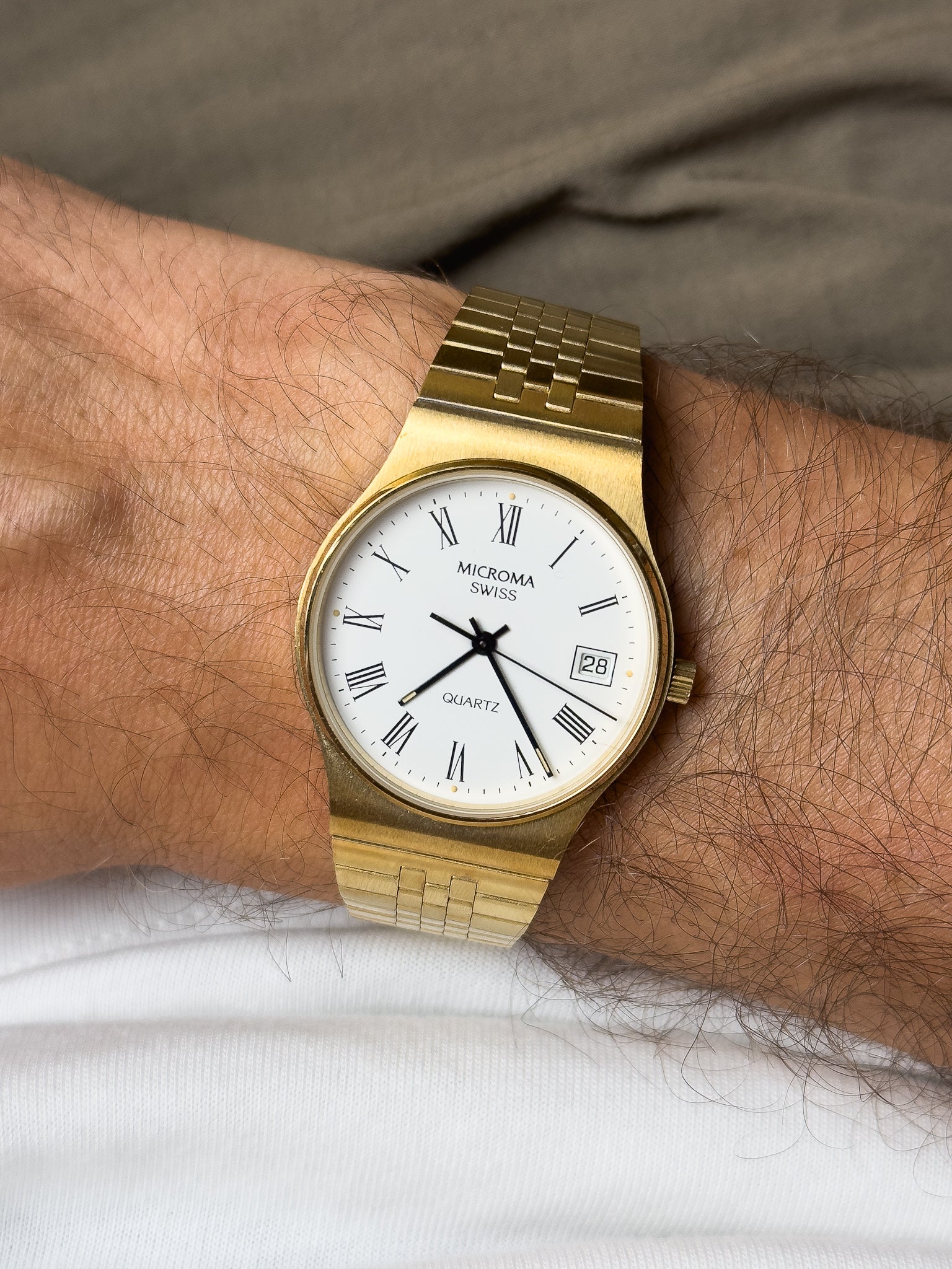 Microma Swiss - Romain Blanc Bracelet intégré plaqué or - Neuve de stock - 1990s
