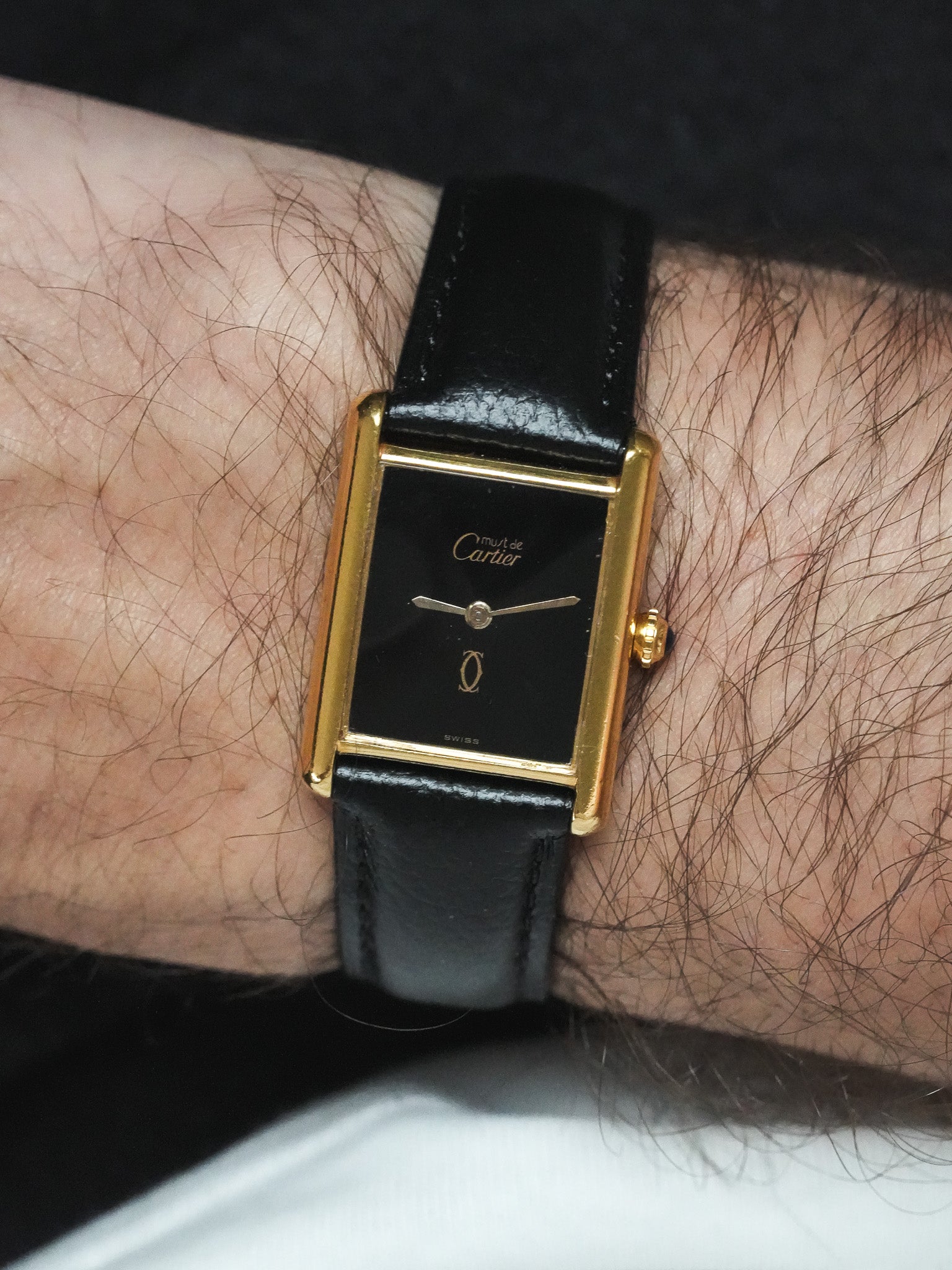 Cartier - Tank Must of Cartier 23x30 Vermeil Black Lacquered Dial Buckle Deployant - 1980s 