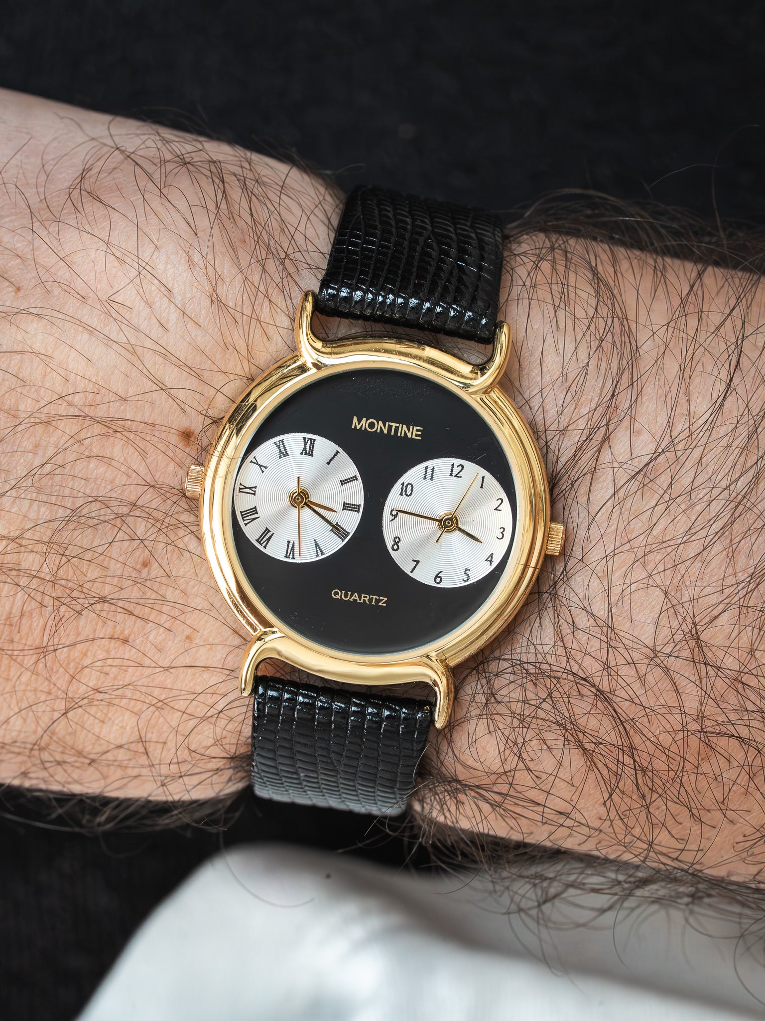 Montine - Double fuseaux horaires cadran noir - boite & papier - 1990s - Atelier Victor