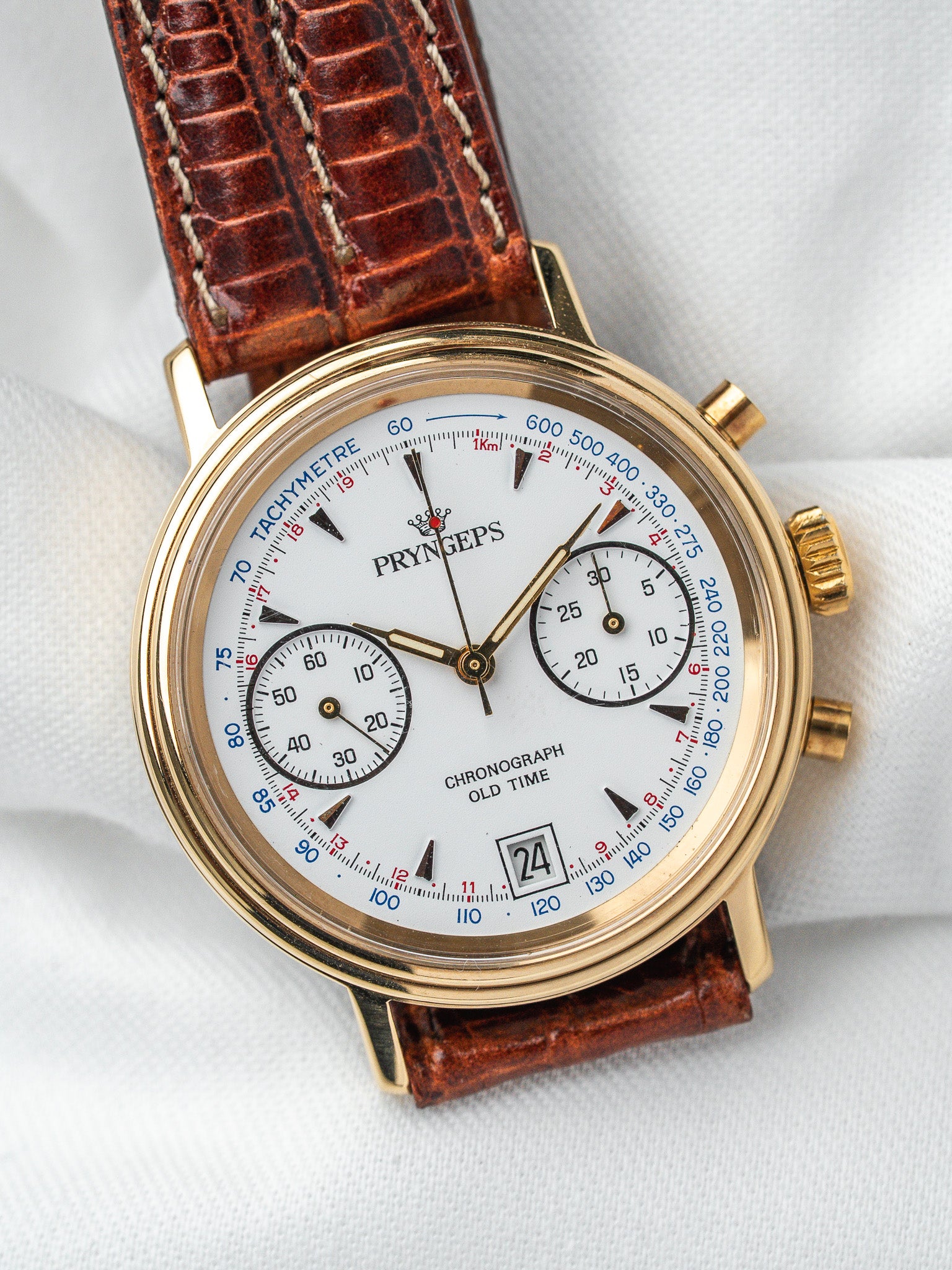 ساعة Pryngeps Chronographe فينتاج - 37 مم مطلية بالذهب (السنوات 1980) 
