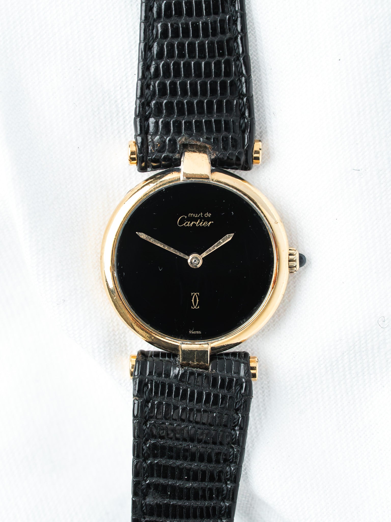 Cartier Must Vendôme 590004 镀金腕表 — 黑色缟玛瑙表盘 (1990s) 