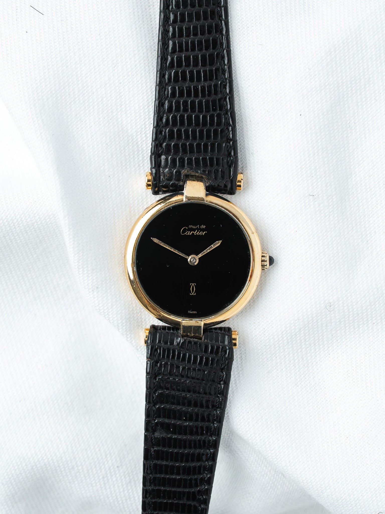 Cartier Must Vendôme 590004 镀金腕表 — 黑色缟玛瑙表盘 (1990s) 