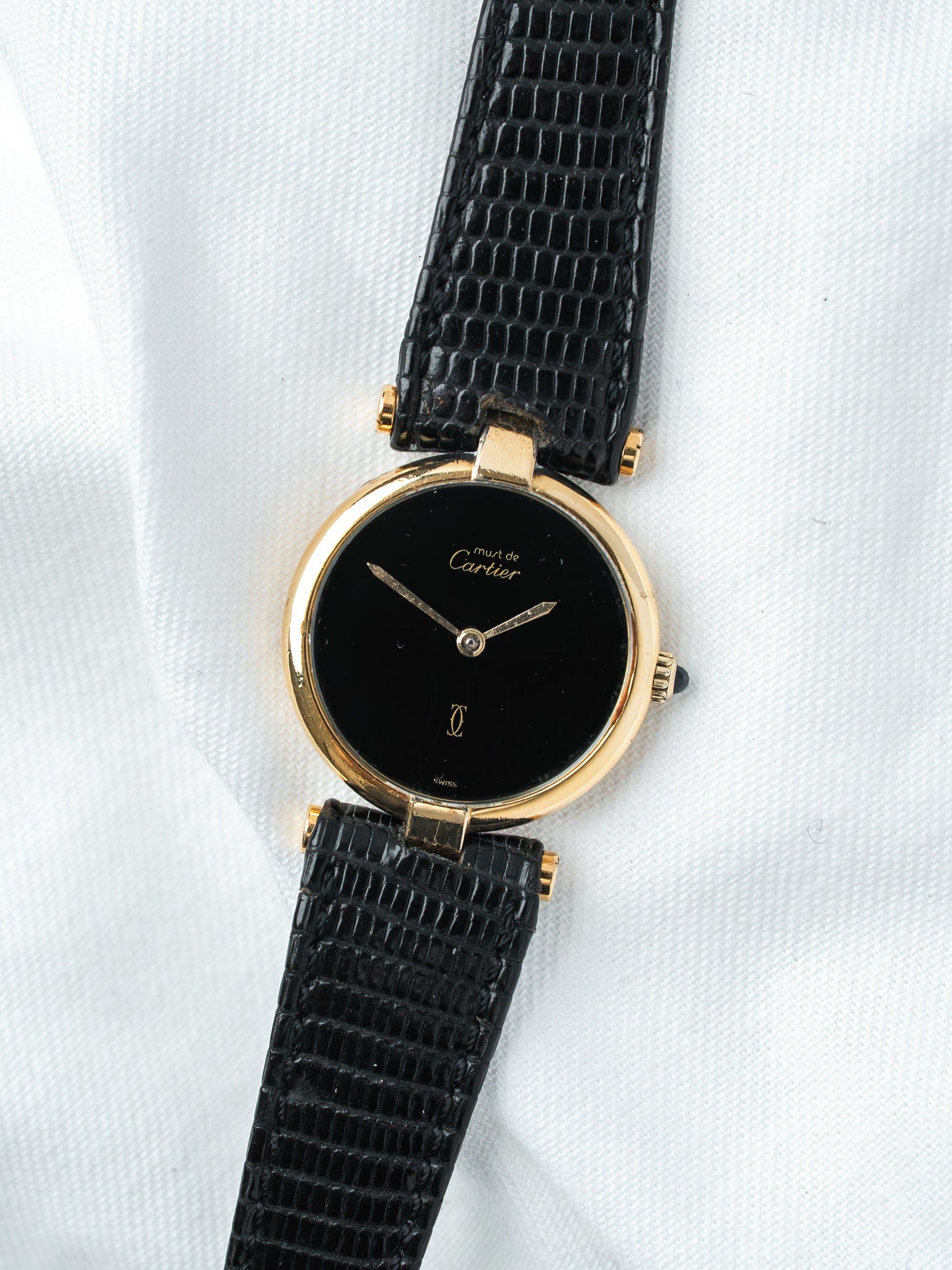 Cartier Must Vendôme 590004 镀金腕表 — 黑色缟玛瑙表盘 (1990s) 