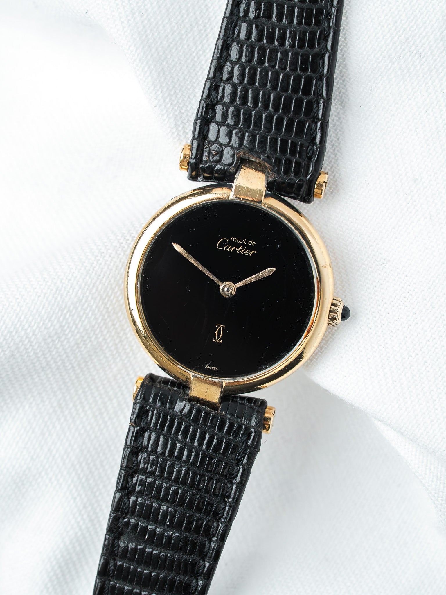 Cartier Must Vendôme 590004 镀金腕表 — 黑色缟玛瑙表盘 (1990s) 