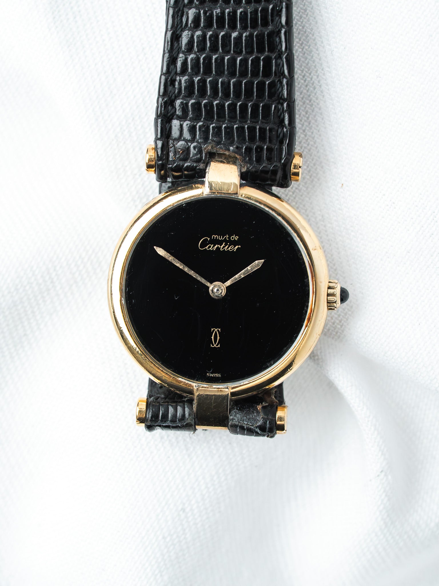 Cartier Must Vendôme 590004 镀金腕表 — 黑色缟玛瑙表盘 (1990s) 
