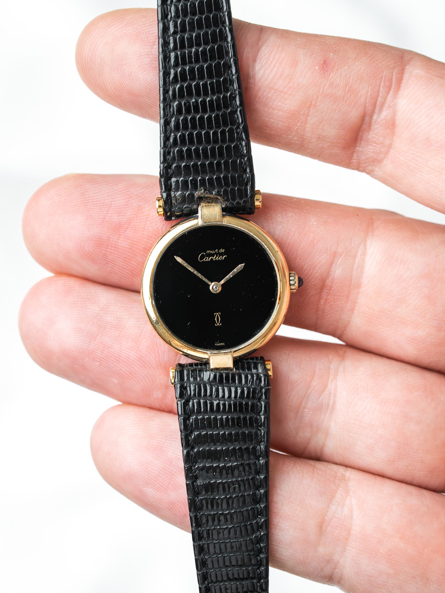 Cartier Must Vendôme 590004 镀金腕表 — 黑色缟玛瑙表盘 (1990s) 