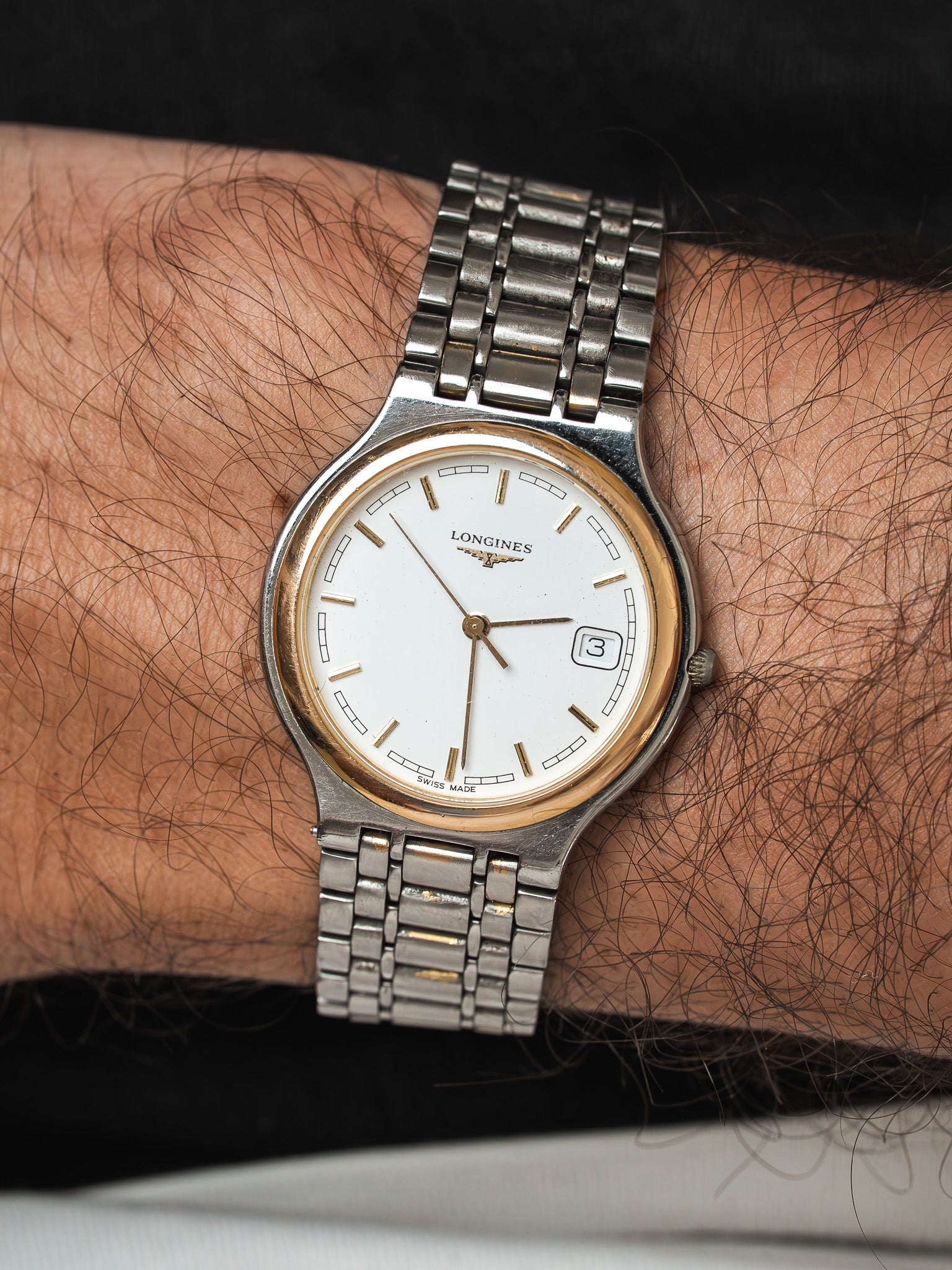 Longines Flagship 复古腕表 - 圆形黄金表壳，钢质表链（1980年代） 
