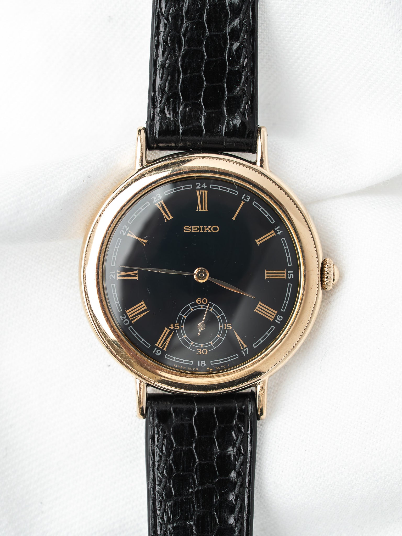 Montre Seiko 2G28-6060 Plaqué Or — Cadran Bleu Nuit 24h (1985)