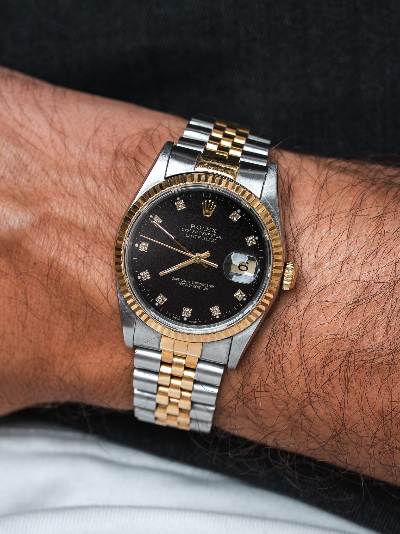 Rolex Datejust Watch 16233 36mm Oro/Acero — Esfera negra con diamantes (1991) 