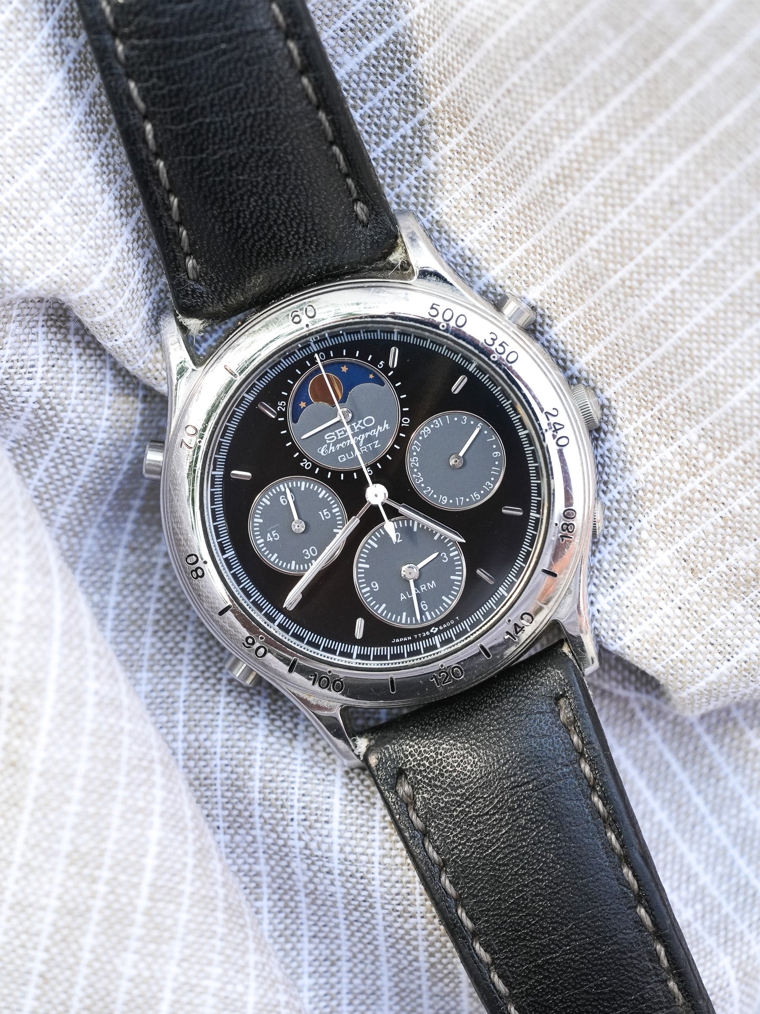 Seiko - Acier Phase de Lune Chronographe noir - 1991