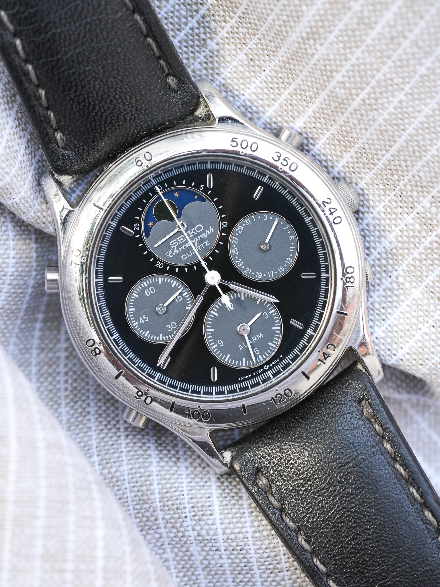 Seiko - Acier Phase de Lune Chronographe noir - 1991