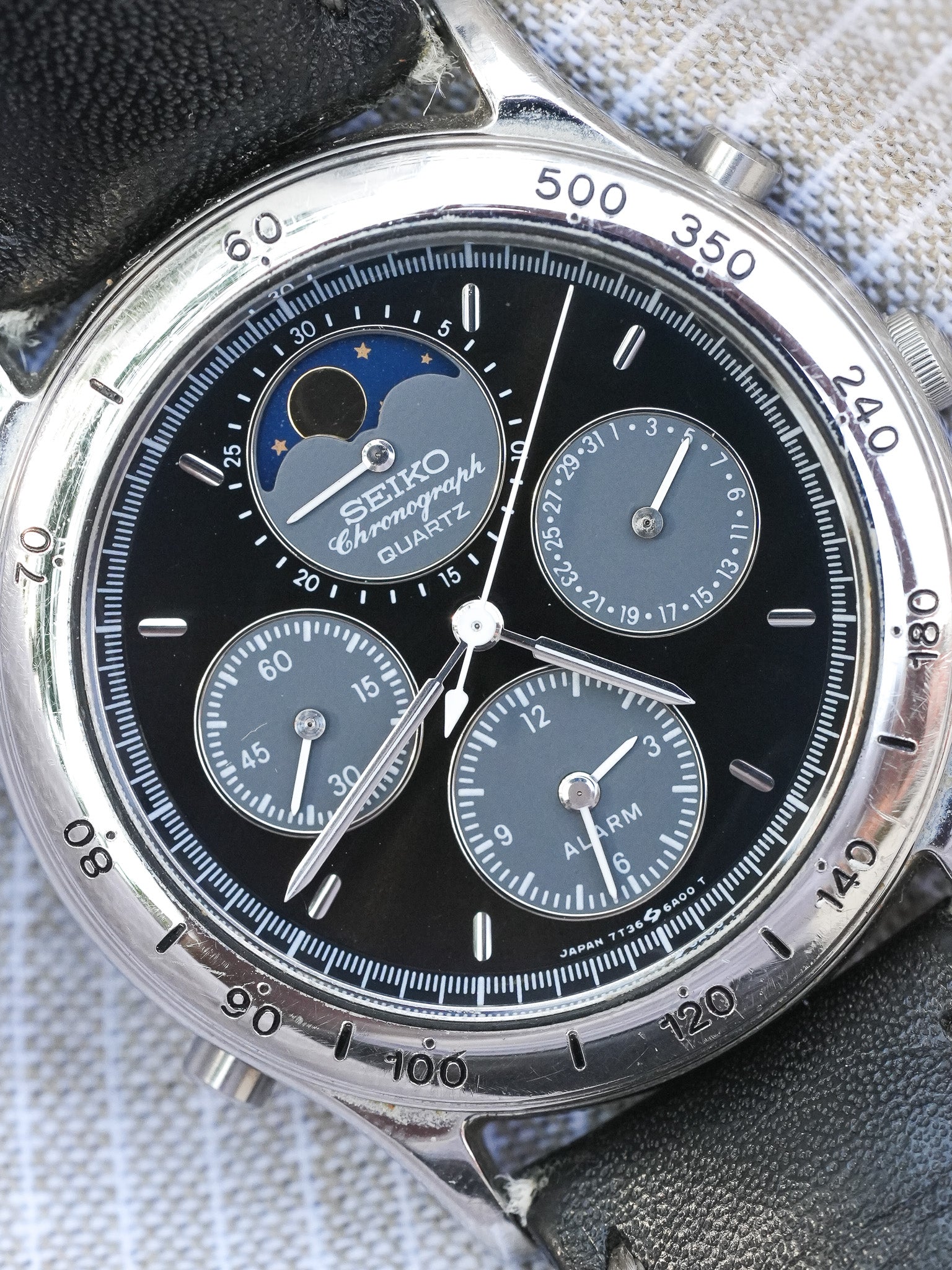 Seiko - Acier Phase de Lune Chronographe noir - 1991