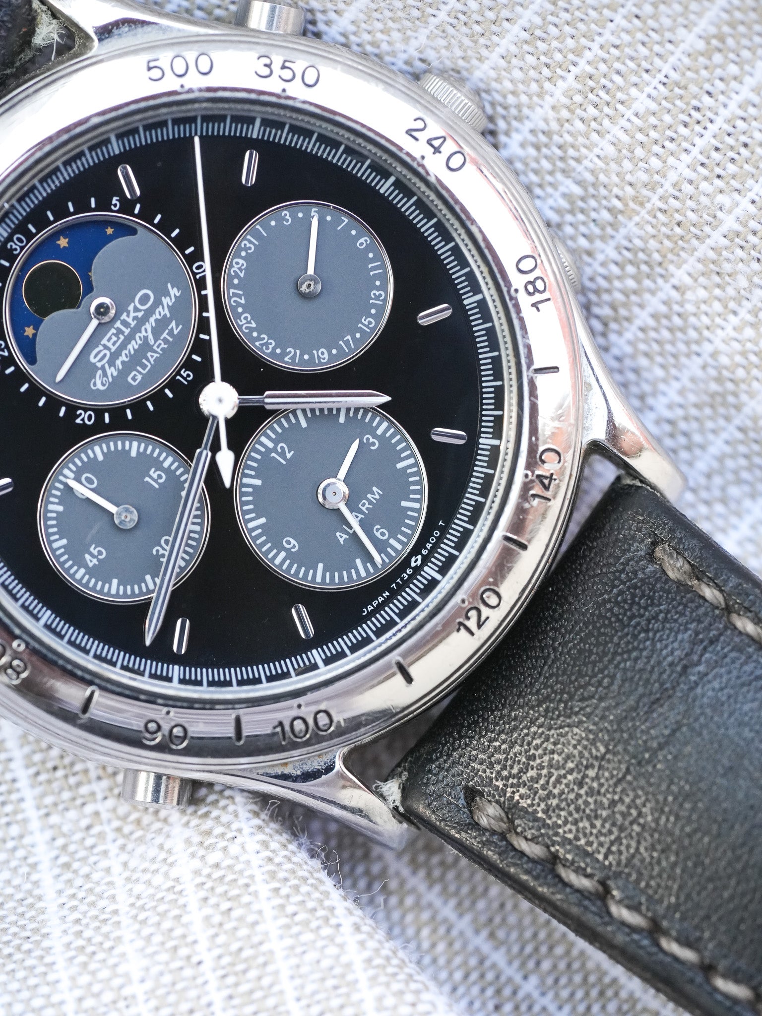 Seiko - Acier Phase de Lune Chronographe noir - 1991