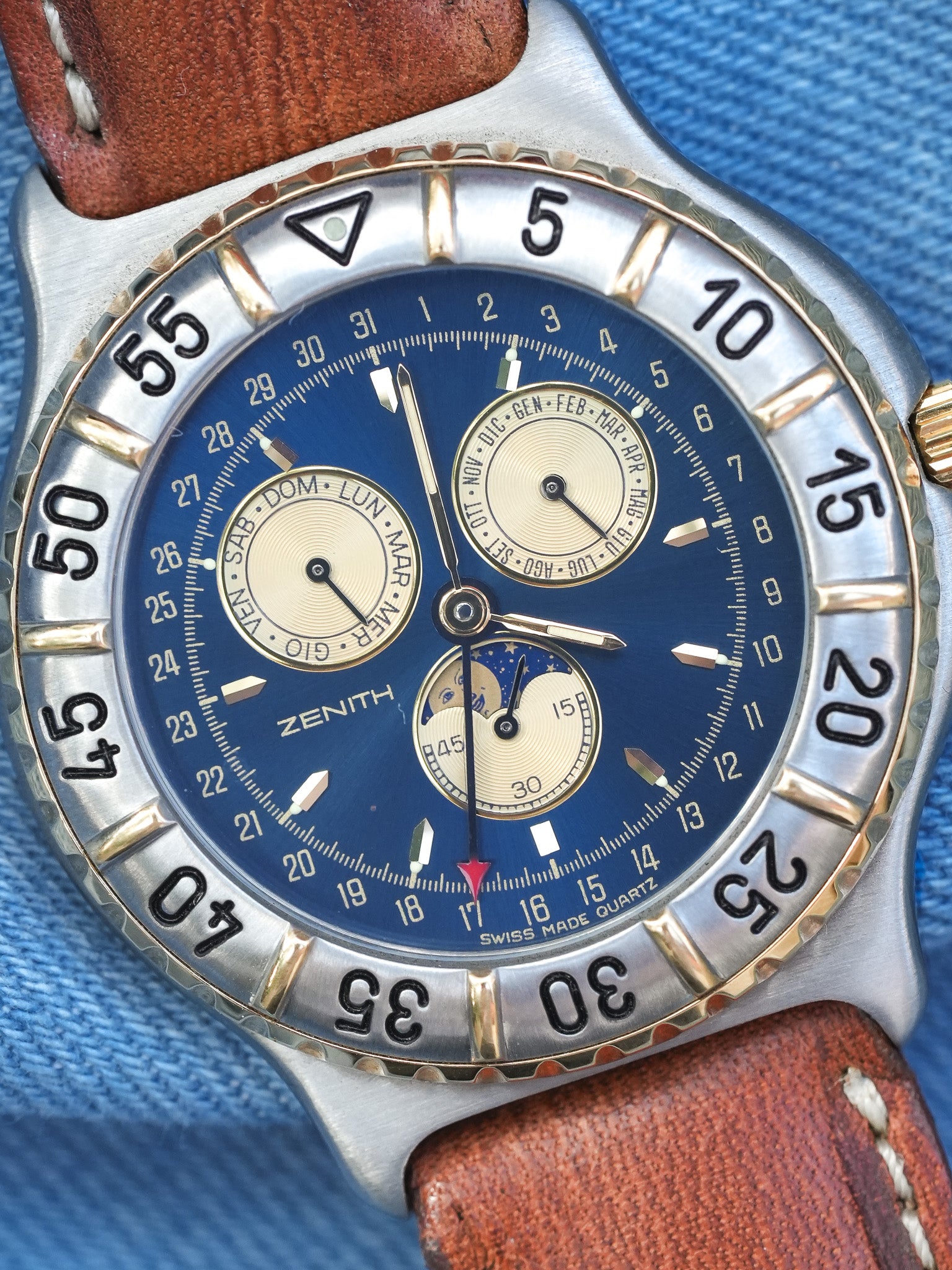 Zenith - Phase de lune triple calendar bleu nuit - NOS & Papier - 1980s