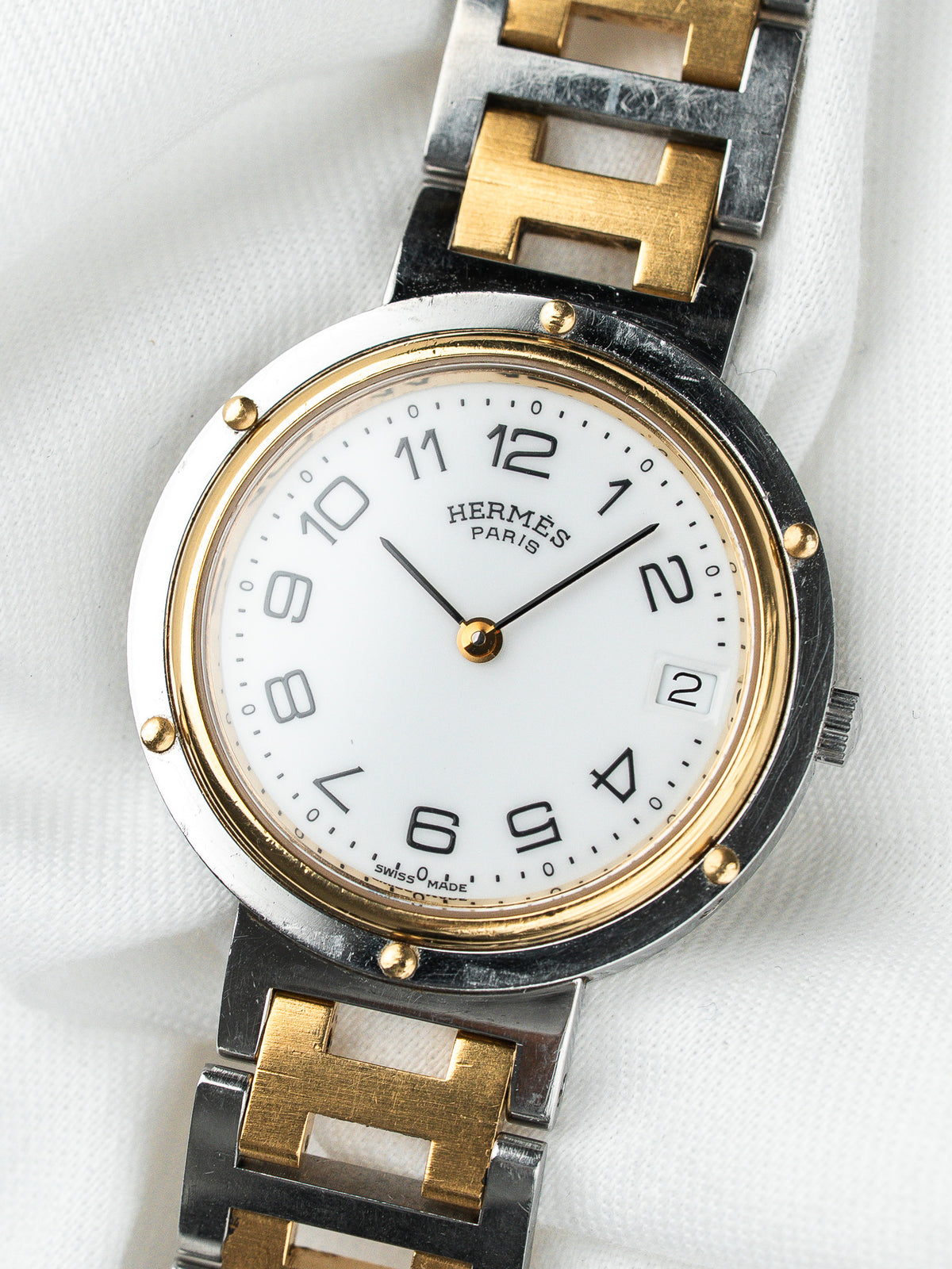 Montre Hermès Clipper 34mm Bicolore — Lunette Rivetée (1990s)
