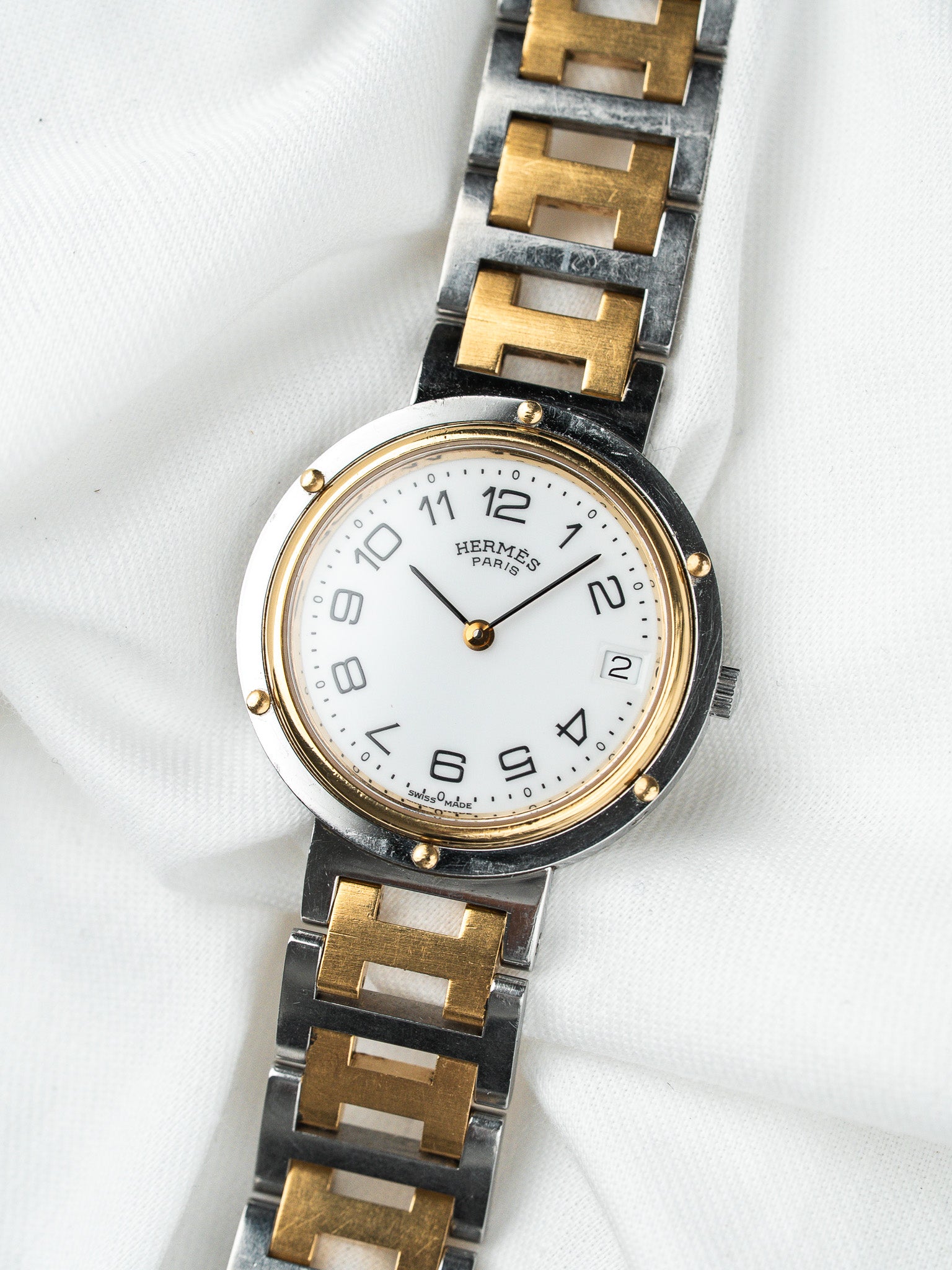 Montre Hermès Clipper 34mm Bicolore — Lunette Rivetée (1990s)