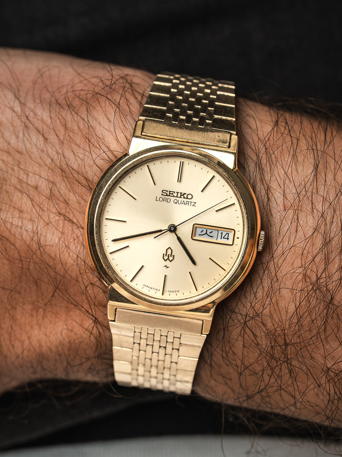Seiko Lord Quartz Watch 7143-7000 Chapado en oro — Día Kanji (1979) 