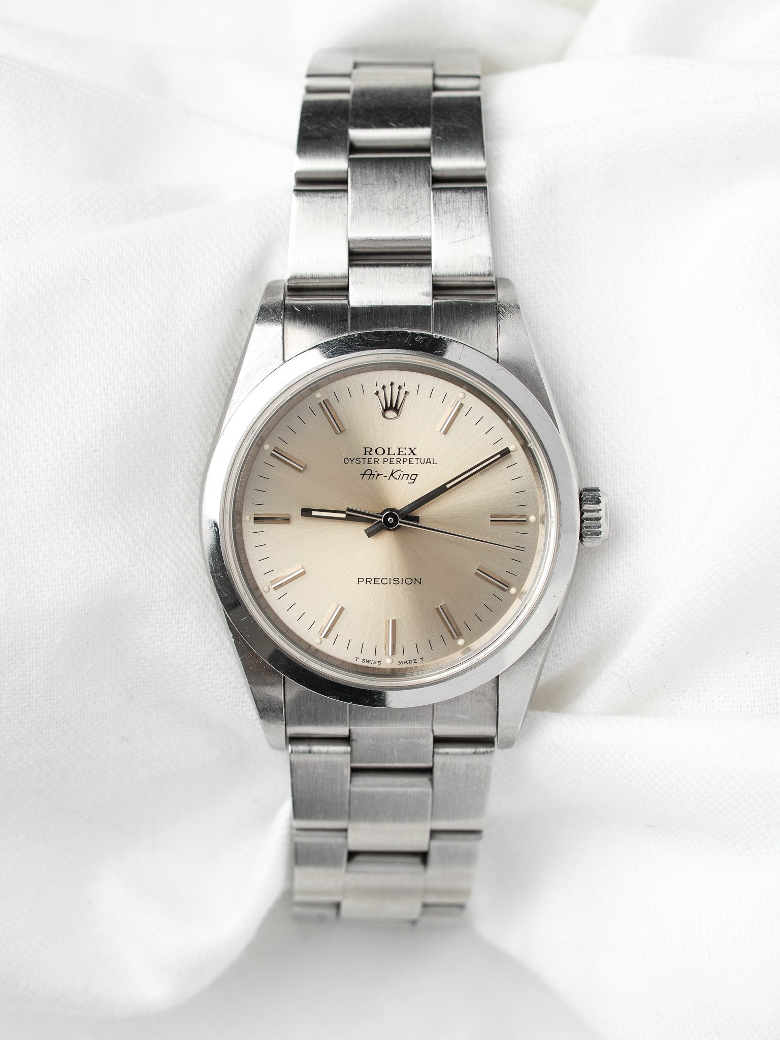 Rolex Air-King Watch 14000 Acero — Esfera plateada patinada (1991) 