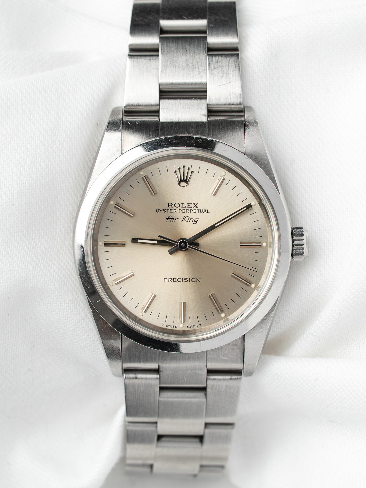 Rolex Air-King Watch 14000 Acero — Esfera plateada patinada (1991) 