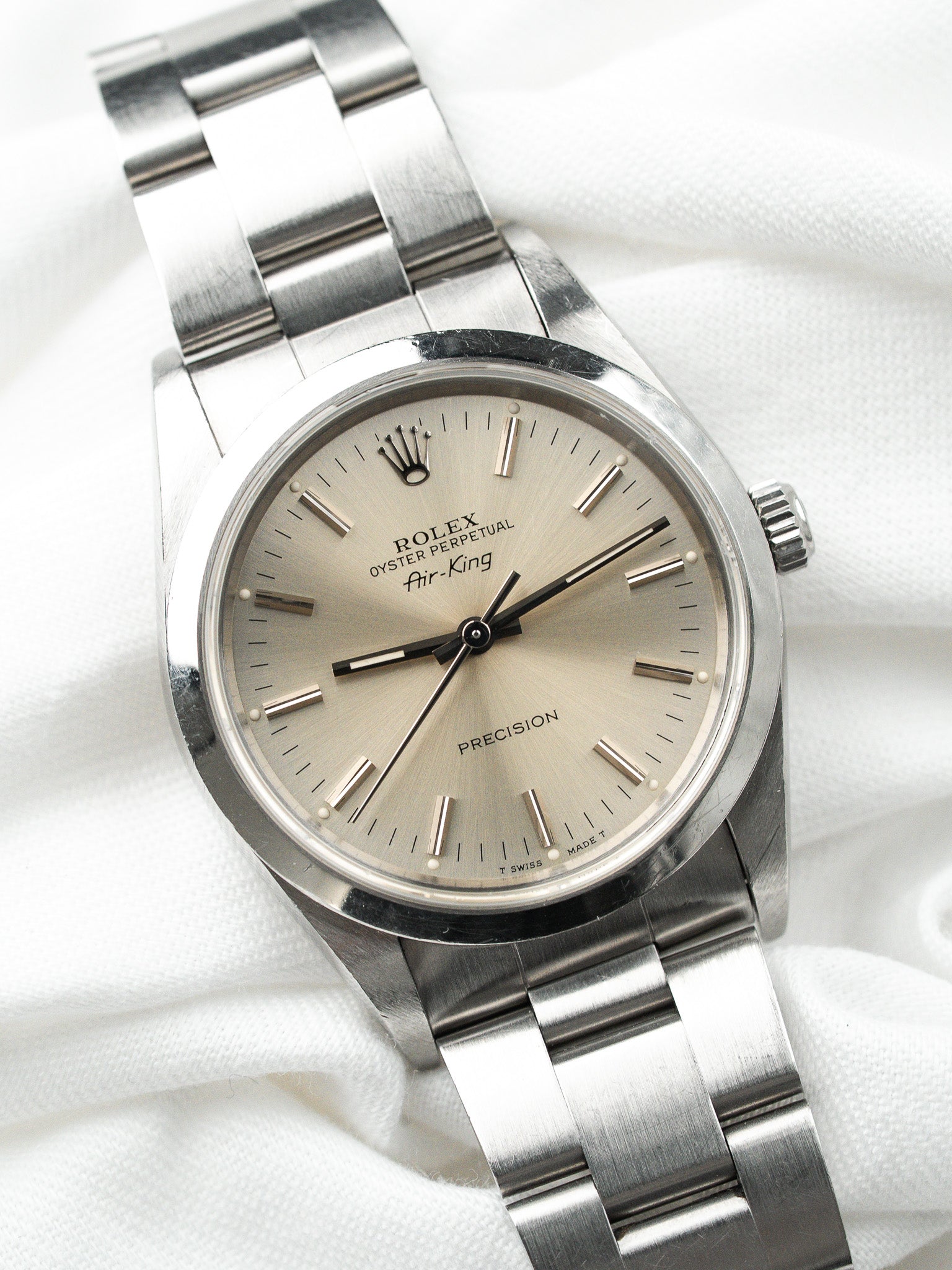 Rolex Air-King Watch 14000 Acero — Esfera plateada patinada (1991) 