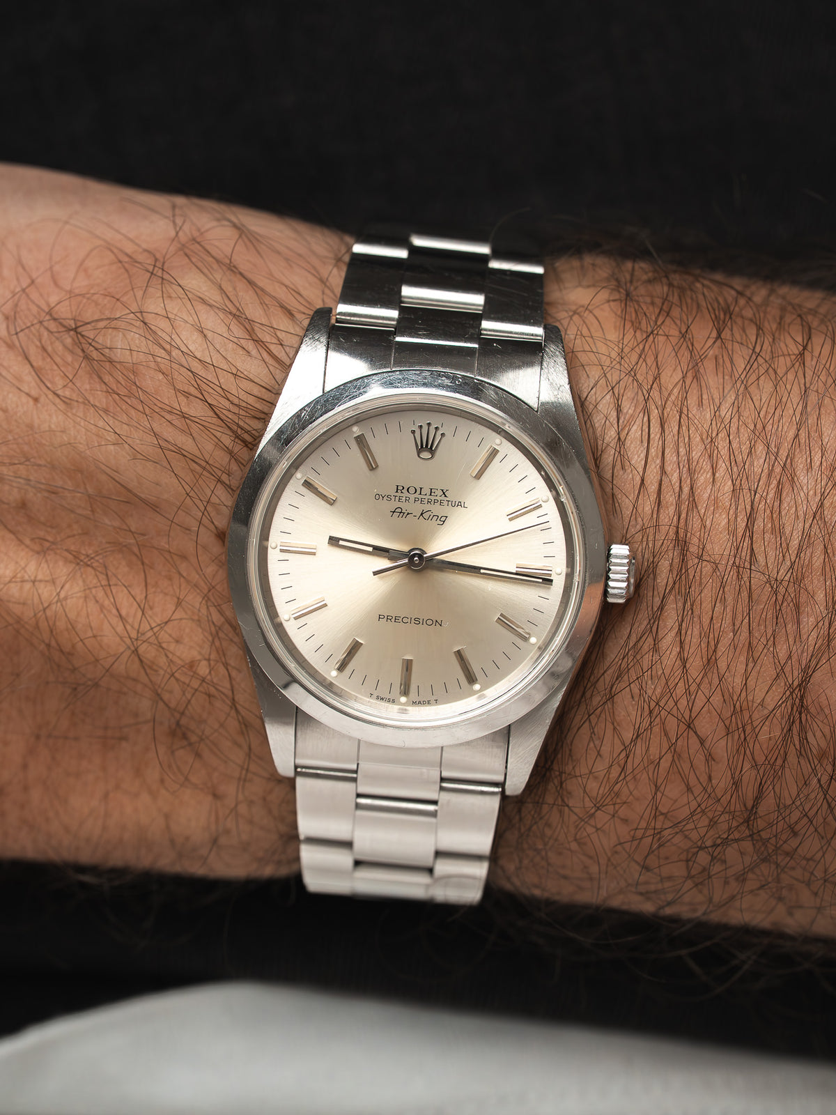 Rolex Air-King Watch 14000 Acero — Esfera plateada patinada (1991) 