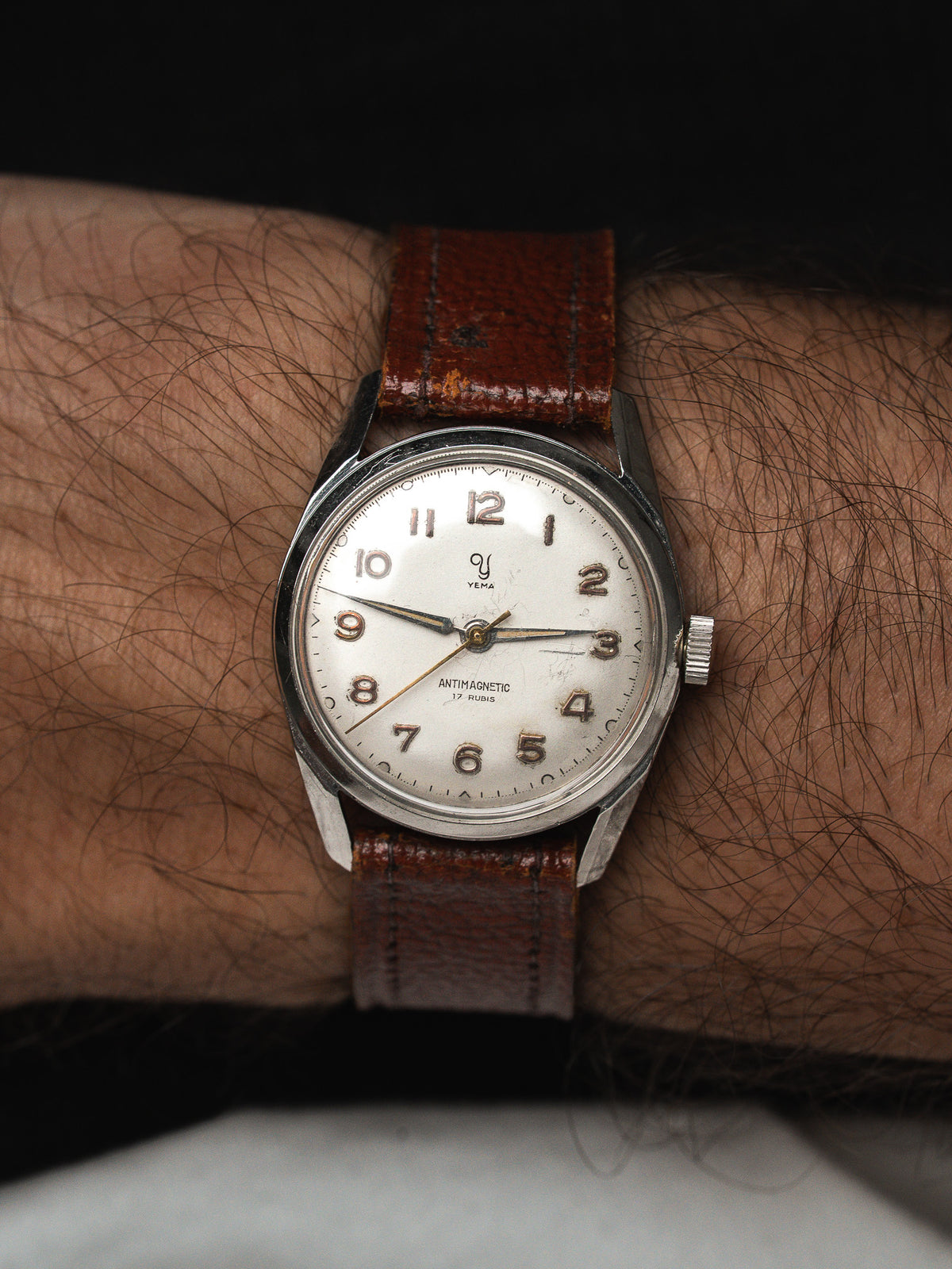 Yema Antimagnetic Watch Steel — Applied Copper-Tone Numerals (1960s) 