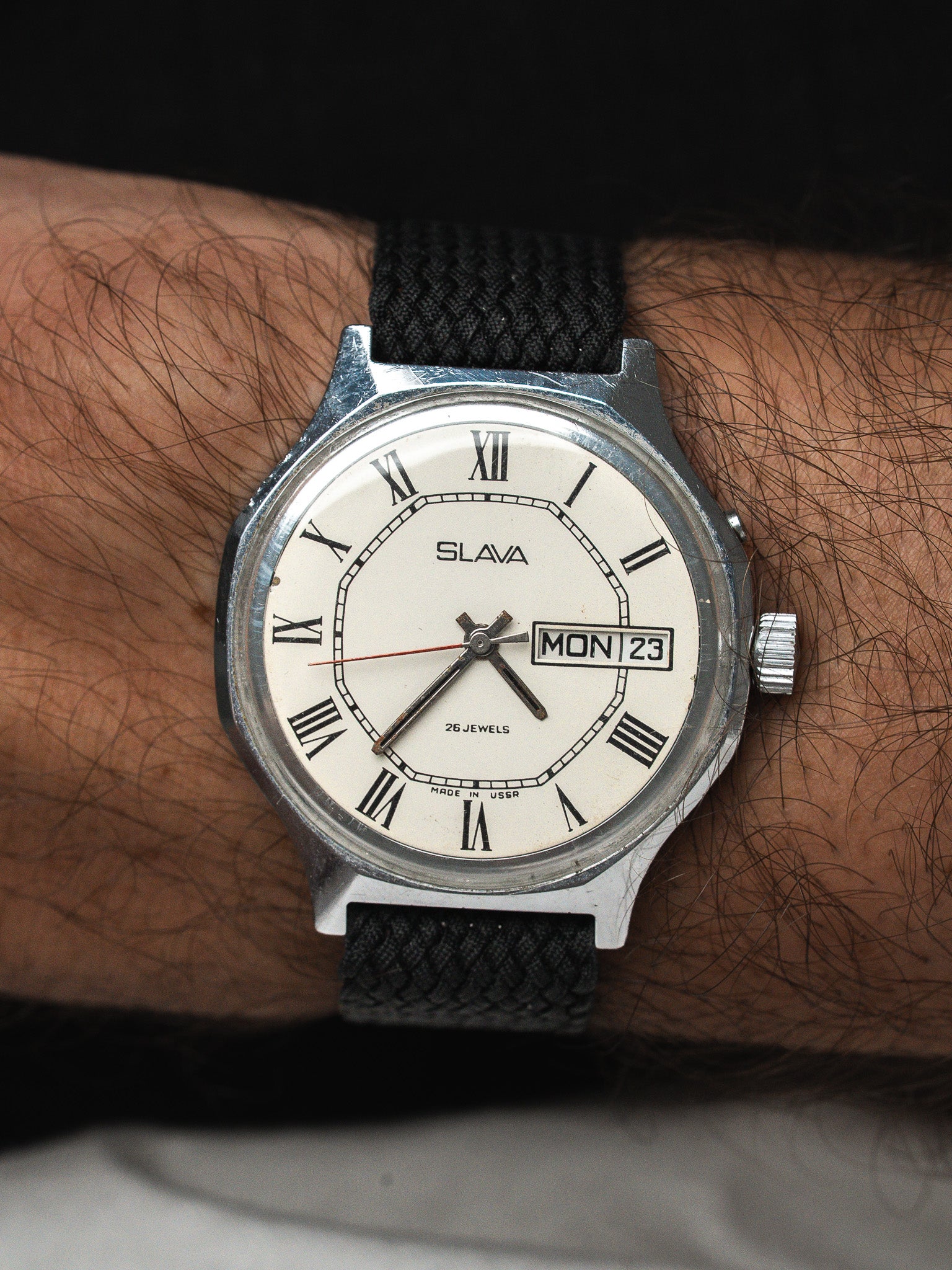 Slava USSR Watch — Roman Numerals, Day-Date, 26 Jewels (1970s) 