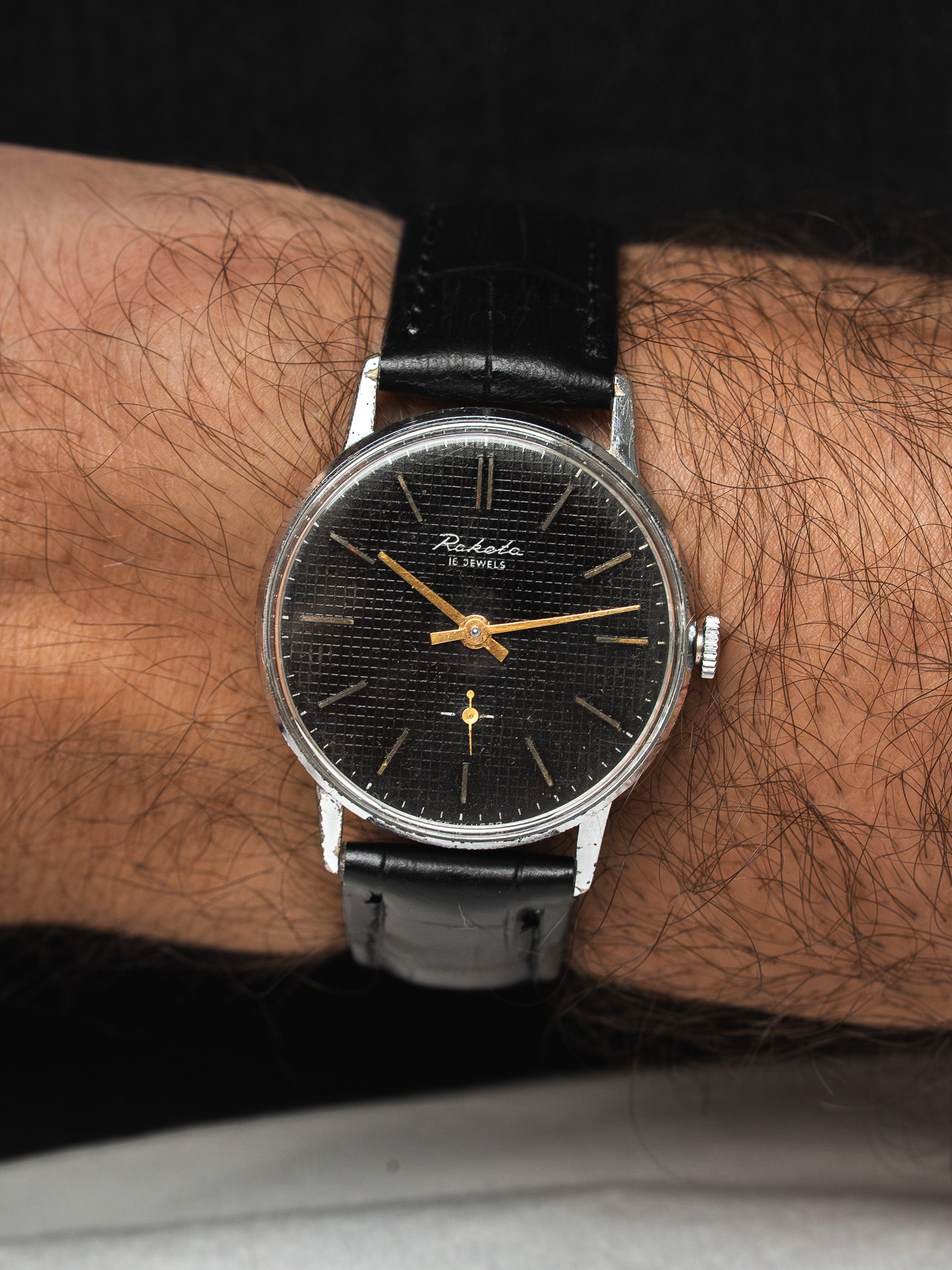 Raketa USSR Watch — Embossed Black, Sub-seconds (1960s) 