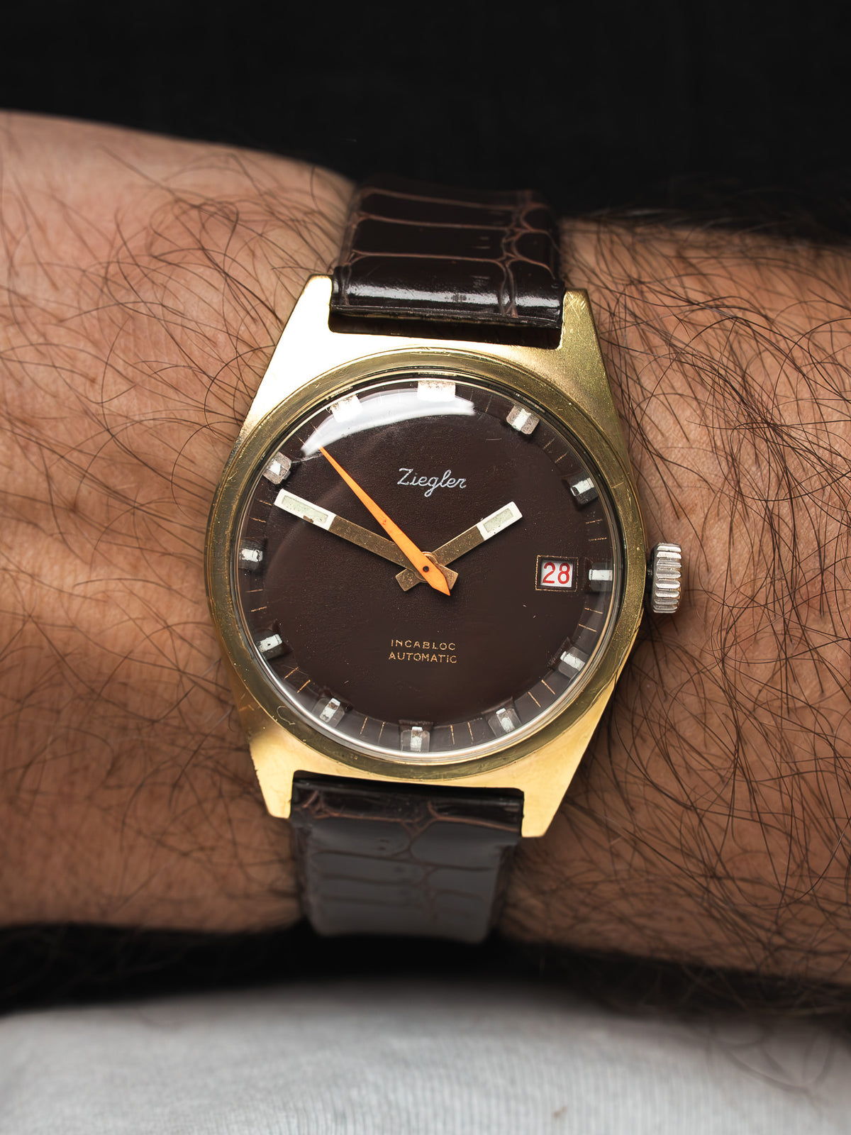 Ziegler Automatic Watch Gold-Plated — Schokoladenfarbenes Zifferblatt, Datum (1970s) 