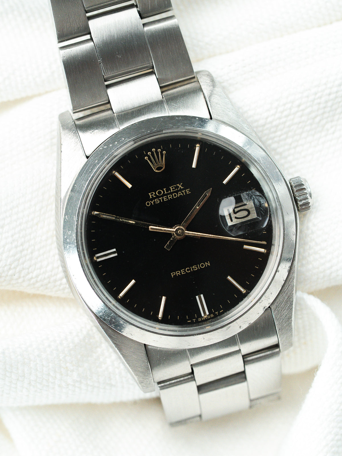 Inserts tritium patinés crème - Montre Rolex Oysterdate 6694 cadran noir - Atelier Victor