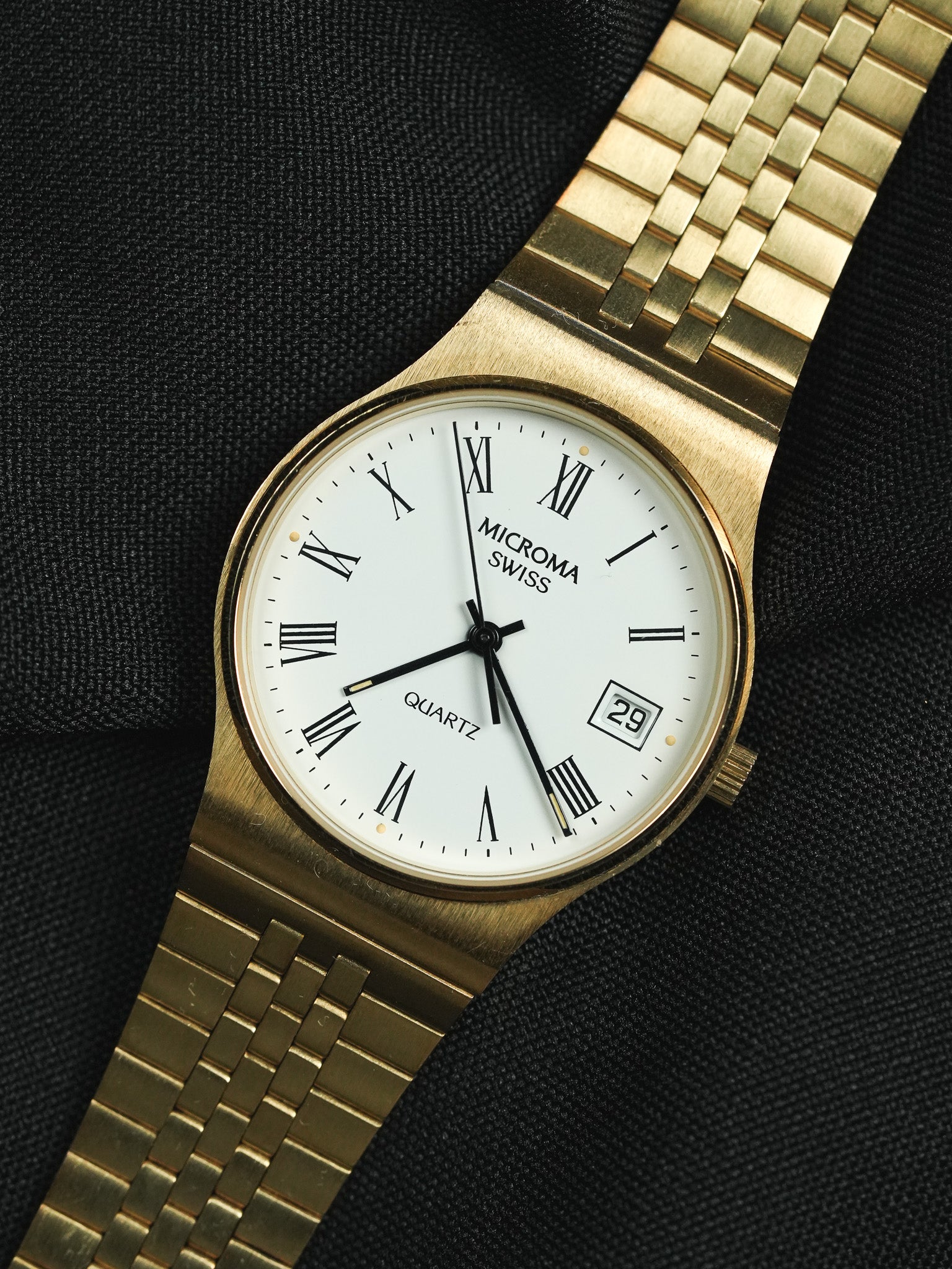 Microma Swiss - Romain Blanc Bracelet intégré plaqué or - Neuve de stock - 1990s