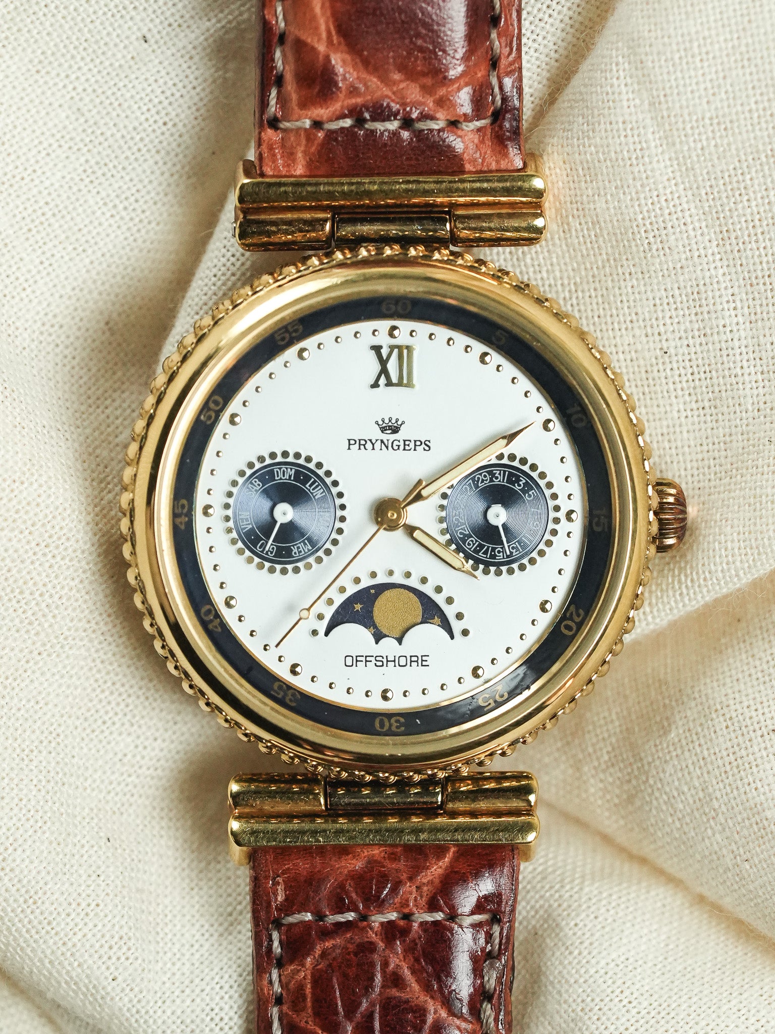 Pryngeps - Triple Date Guilloché Gold Bezel Phase - NOS - 1990s 