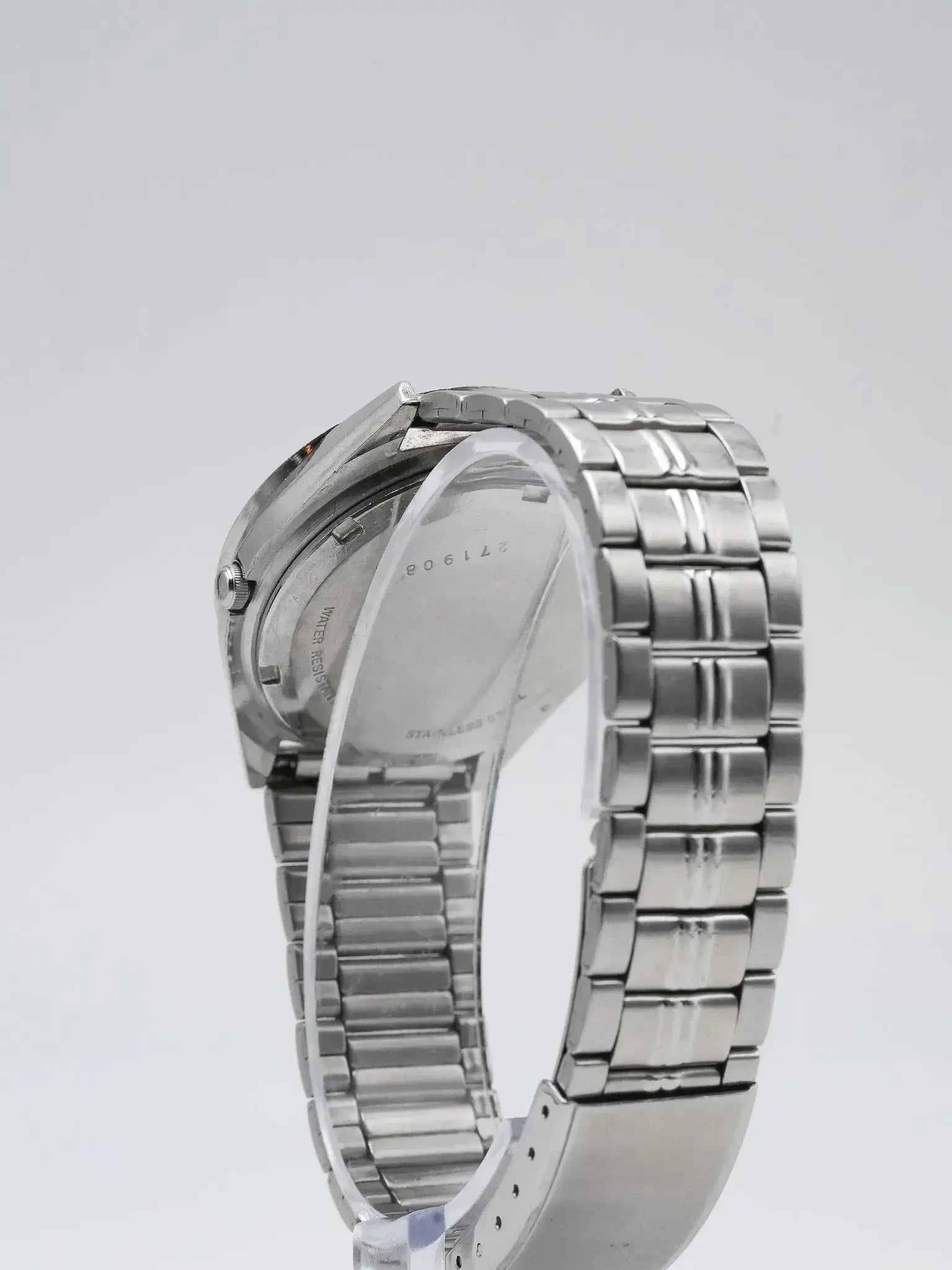 Vintage Omega Seamaster stainless steel watch with bracelet, case back view