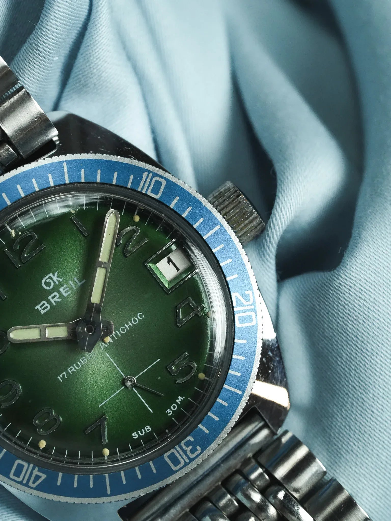 Breil - Plongeuse cadran vert lunette bleu - 1960s - Atelier Victor