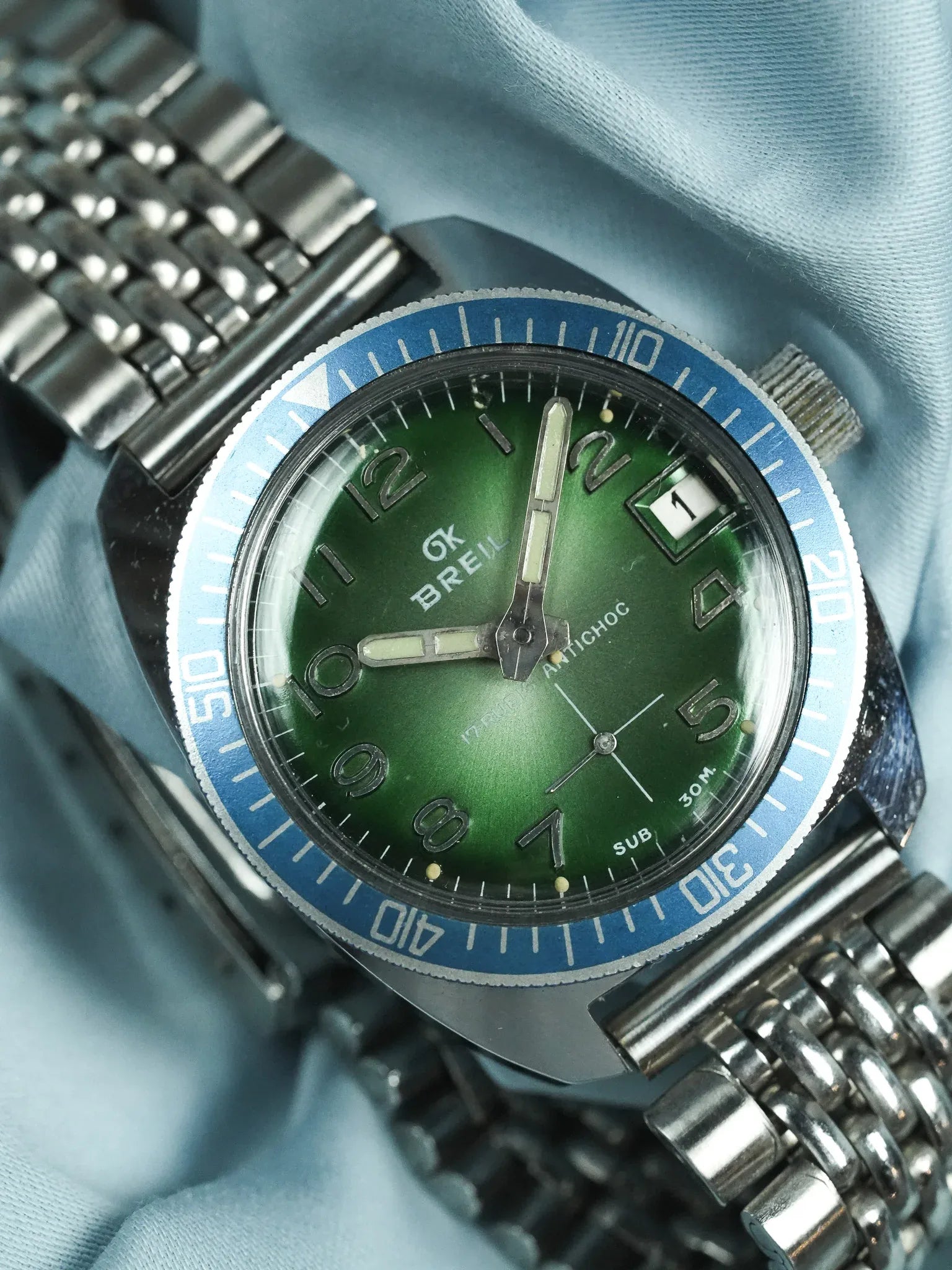 Breil - Plongeuse cadran vert lunette bleu - 1960s - Atelier Victor