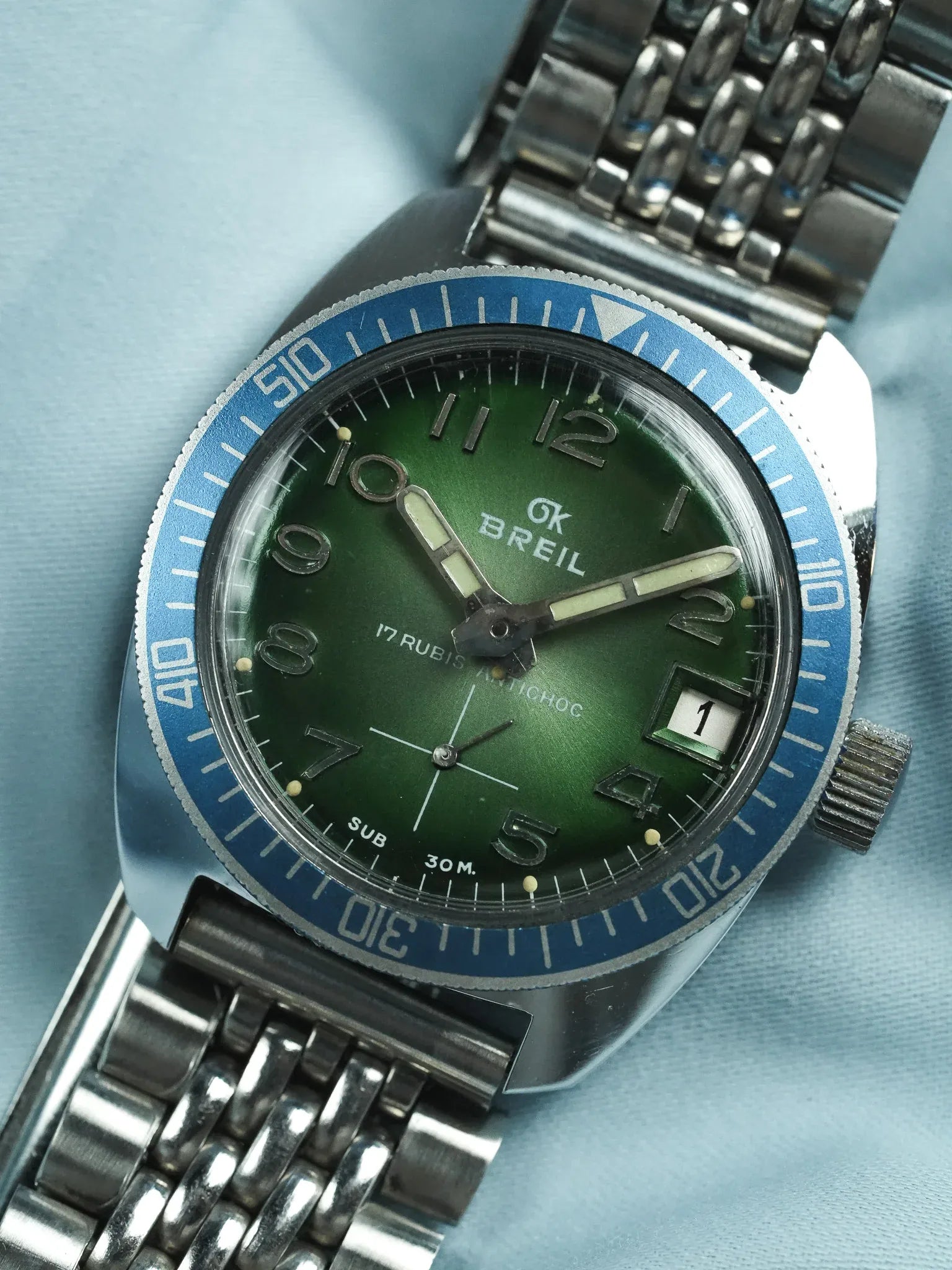 Breil - Plongeuse cadran vert lunette bleu - 1960s - Atelier Victor