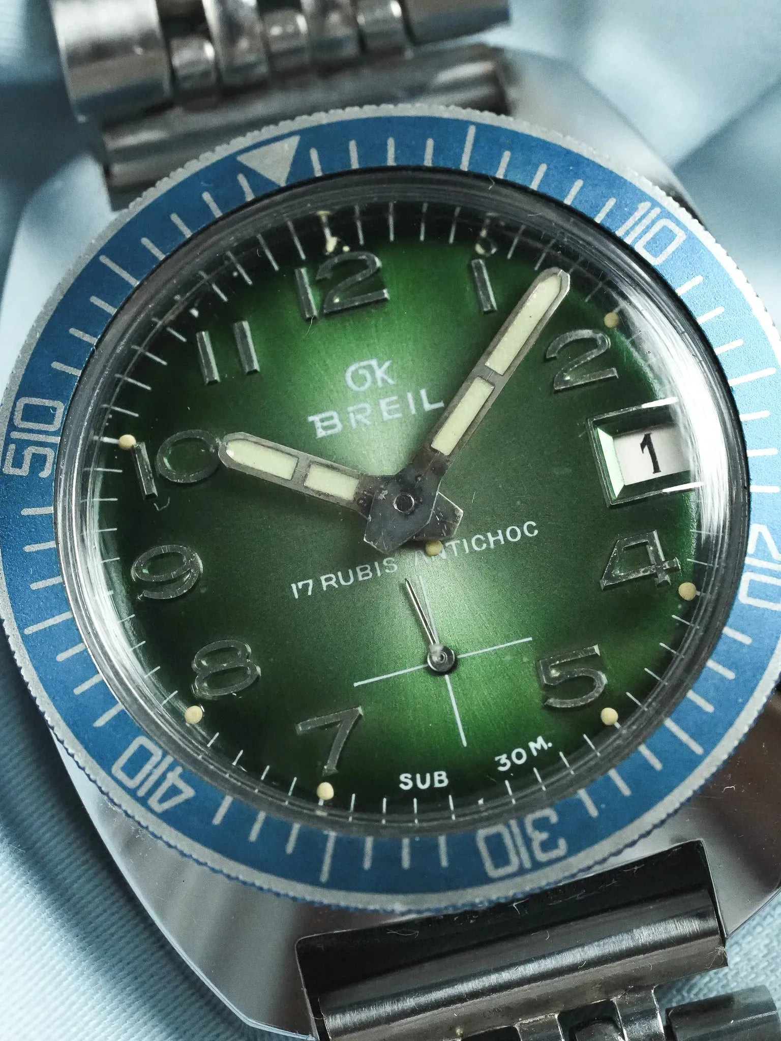 Breil - Plongeuse cadran vert lunette bleu - 1960s - Atelier Victor