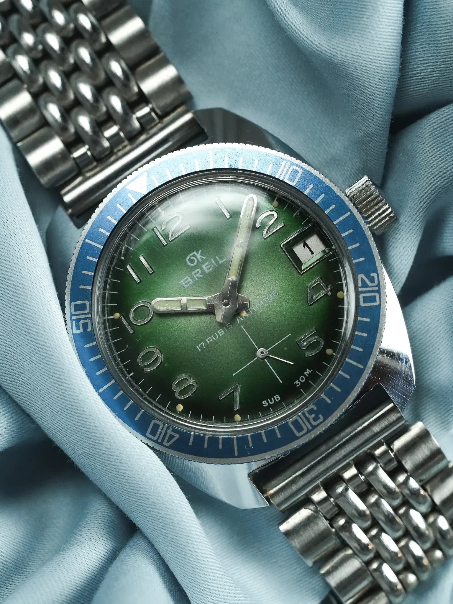 Breil - Plongeuse cadran vert lunette bleu - 1960s - Atelier Victor