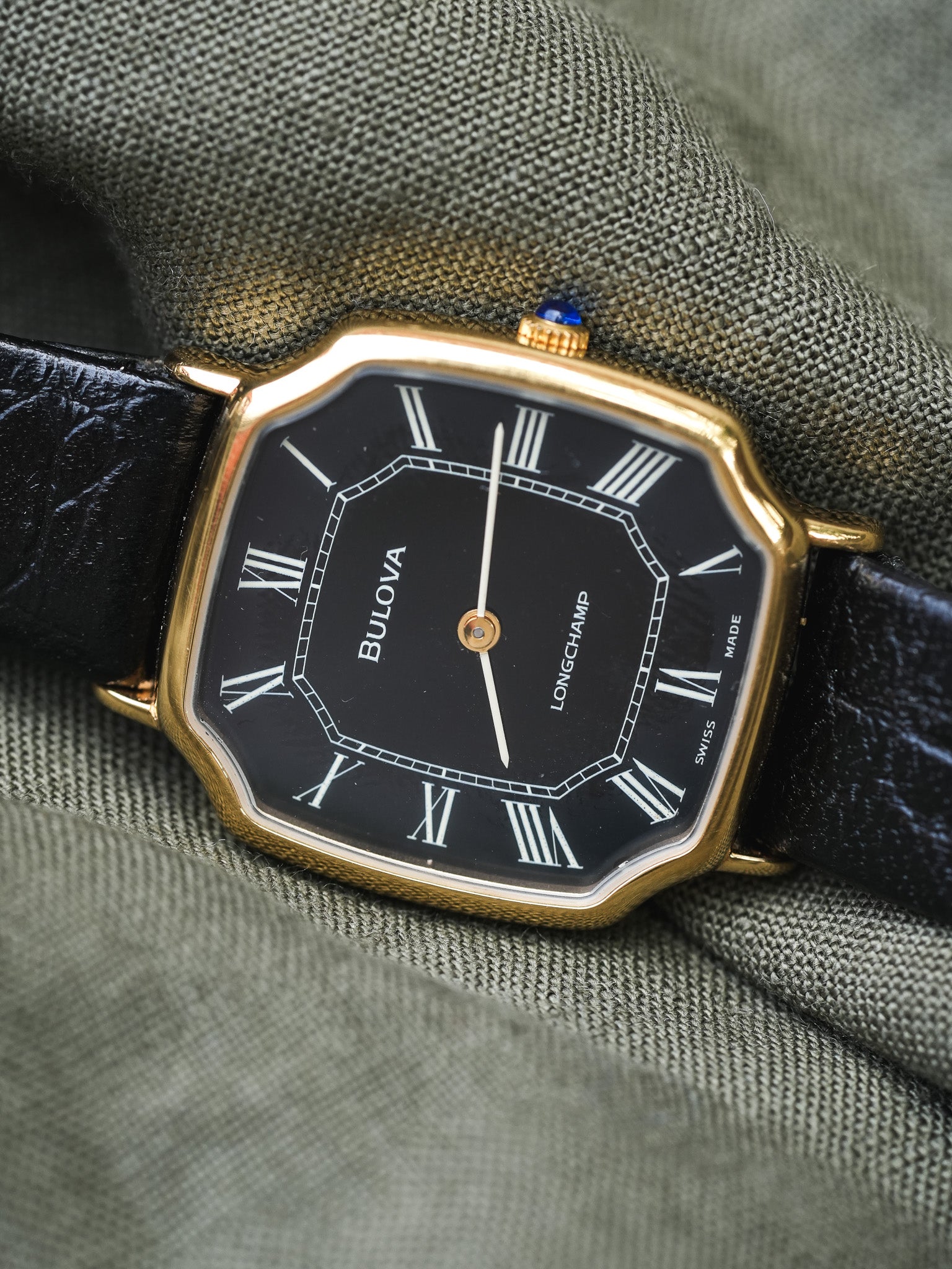 Bulova x Longchamp - Octogonale Noir Plaqué or - NOS - 1970s - Atelier Victor Paris - Vintage Watch Shop Dubai
