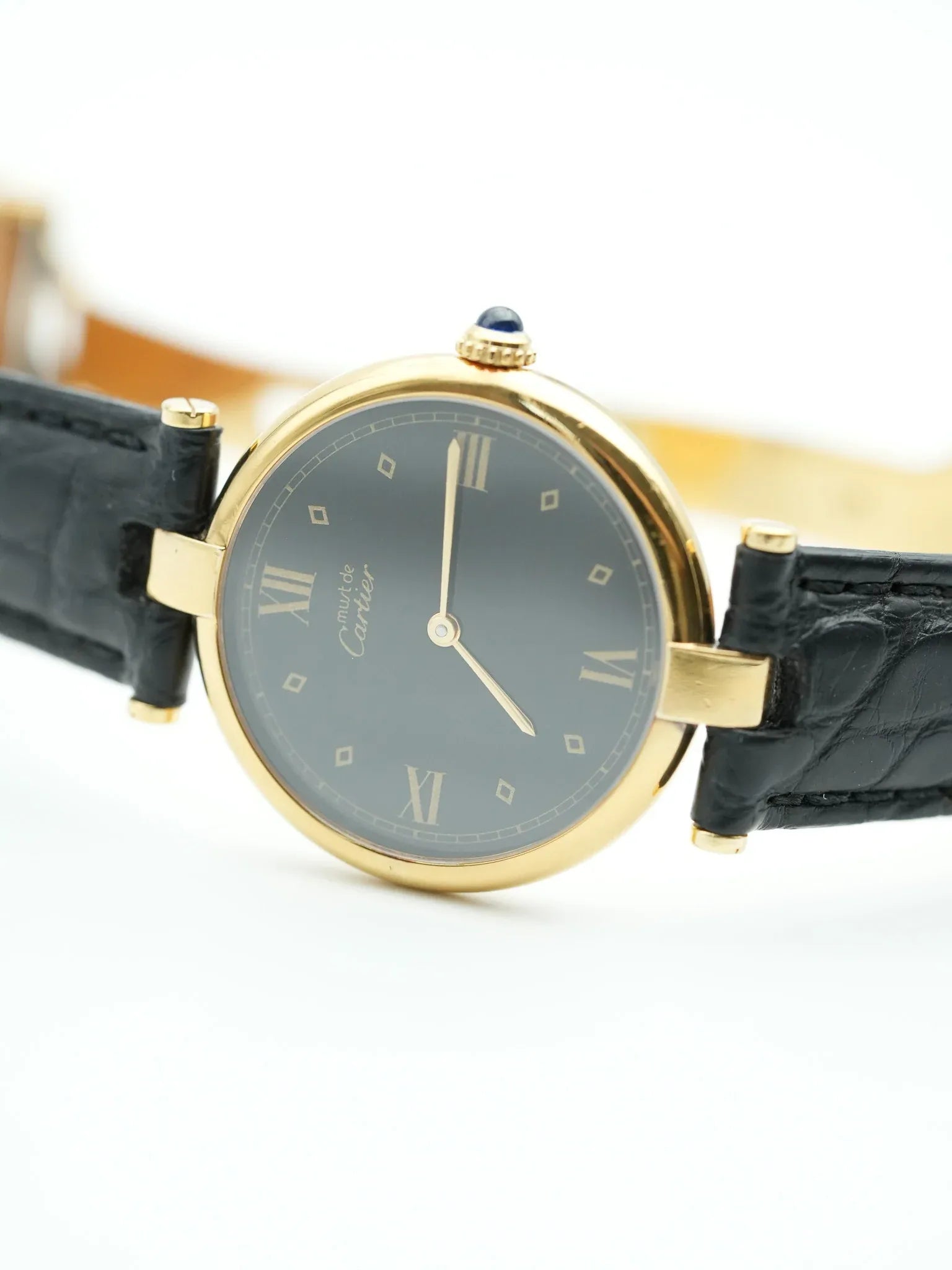 Cartier - Must de Vendôme vermeil Cadran noir avec boucle deployante - 1990s - Atelier Victor