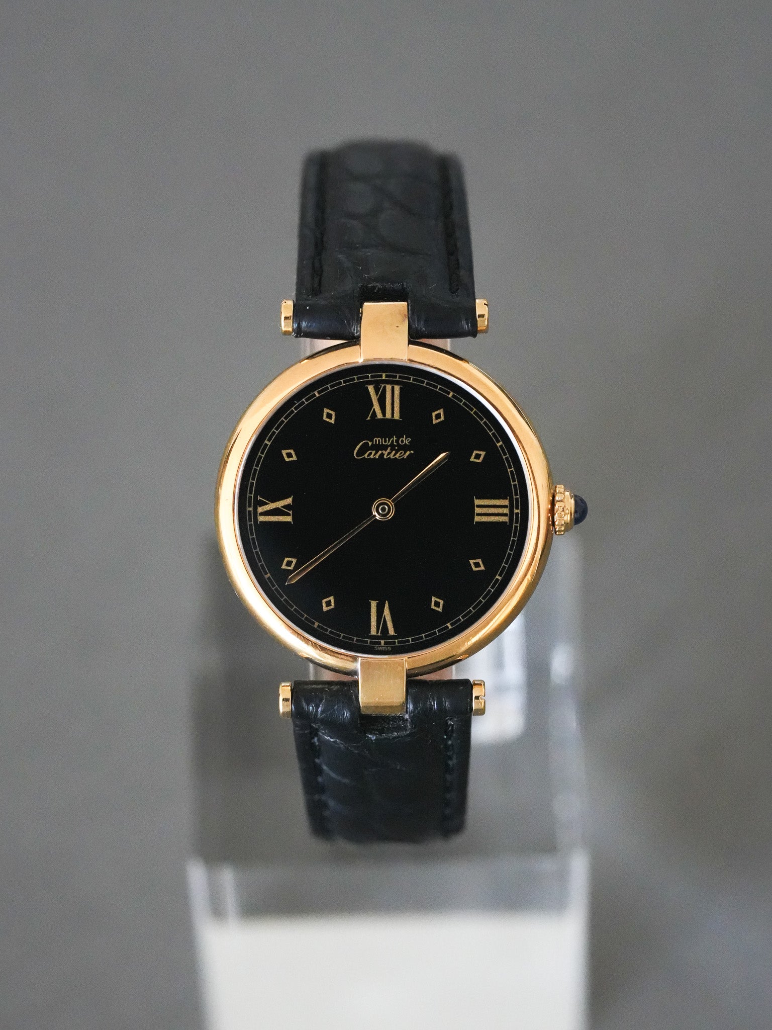 Cartier - Must de Vendôme vermeil Cadran noir avec boucle deployante - 1990s - Atelier Victor Paris - Vintage Watch Shop Dubai