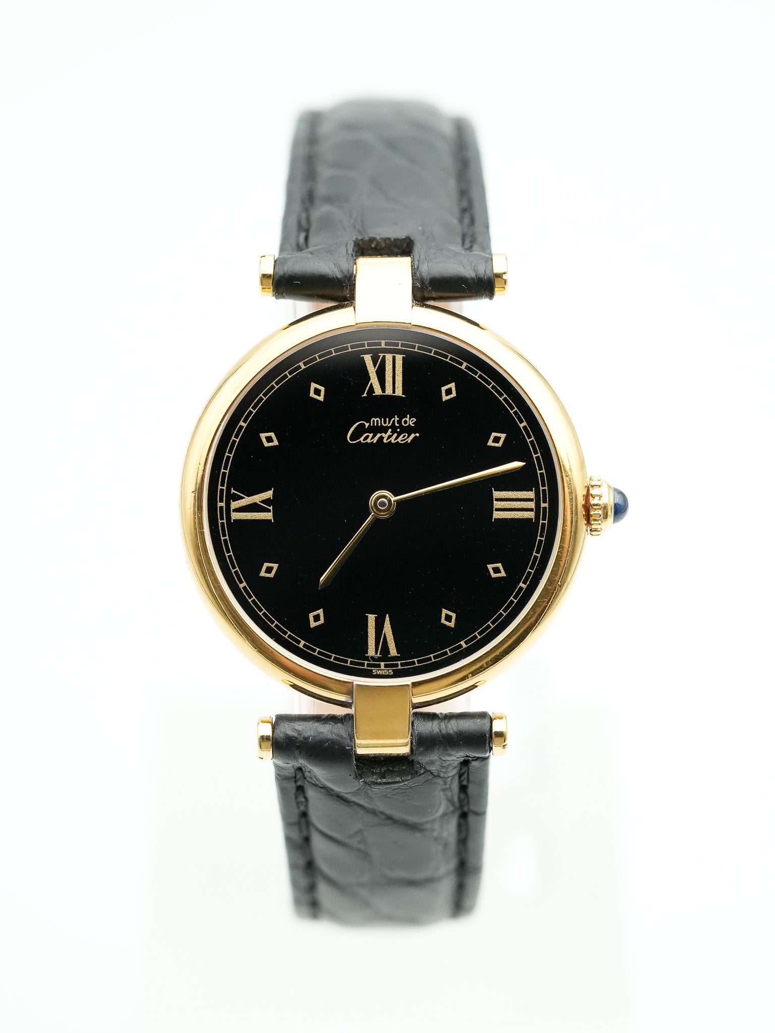 Cartier - Must de Vendôme vermeil Cadran noir avec boucle deployante - 1990s - Atelier Victor Paris - Vintage Watch Shop Dubai