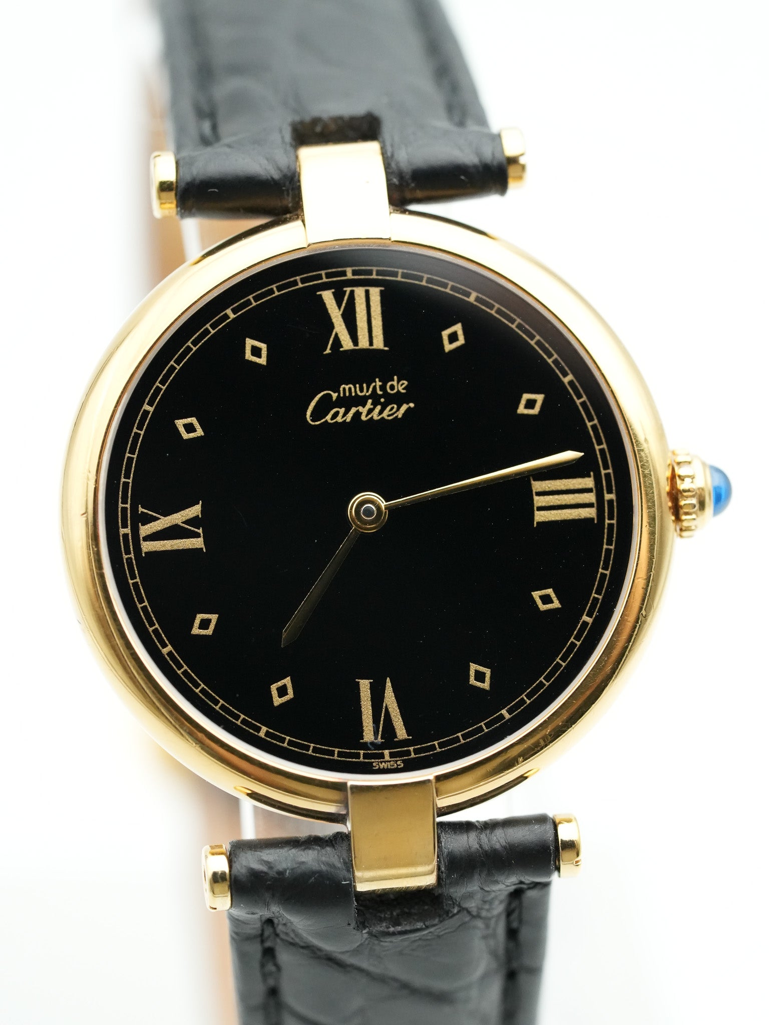Cartier - Must de Vendôme vermeil Cadran noir avec boucle deployante - 1990s - Atelier Victor Paris - Vintage Watch Shop Dubai