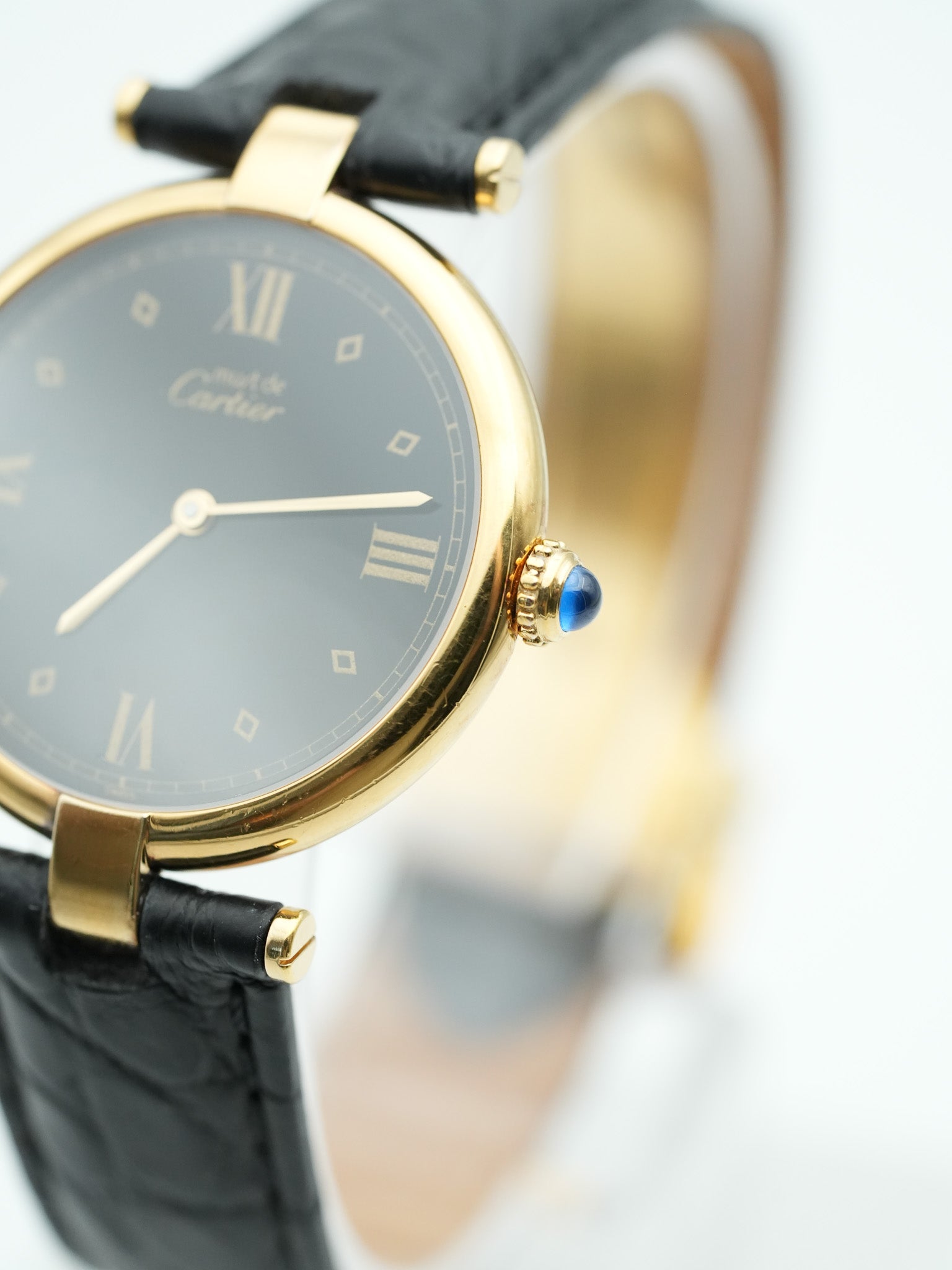 Cartier - Must de Vendôme vermeil Cadran noir avec boucle deployante - 1990s - Atelier Victor Paris - Vintage Watch Shop Dubai