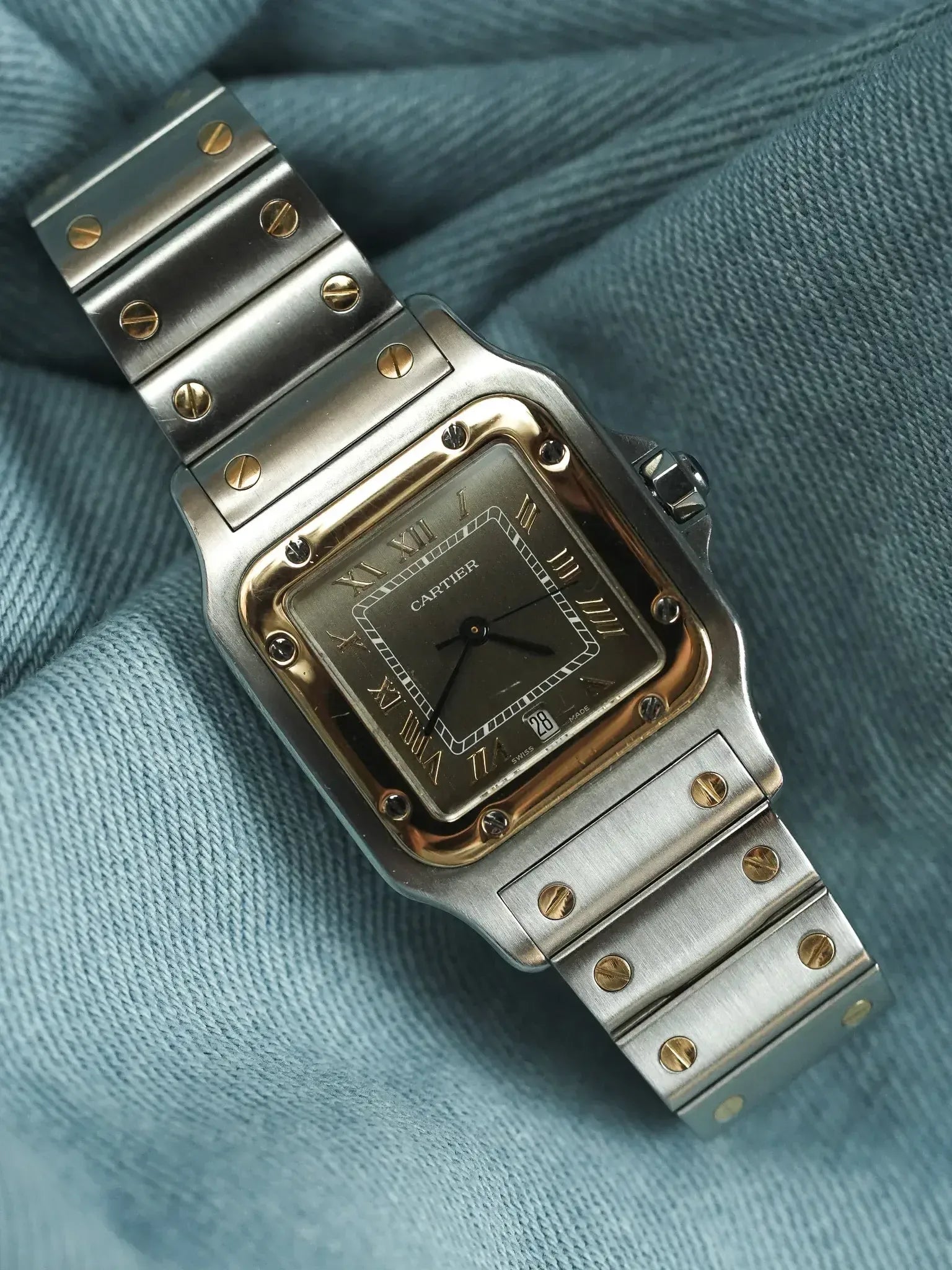 Cartier - Santos Curved 1566 Steel Gold Taupe Dial 29mm - 1990s 