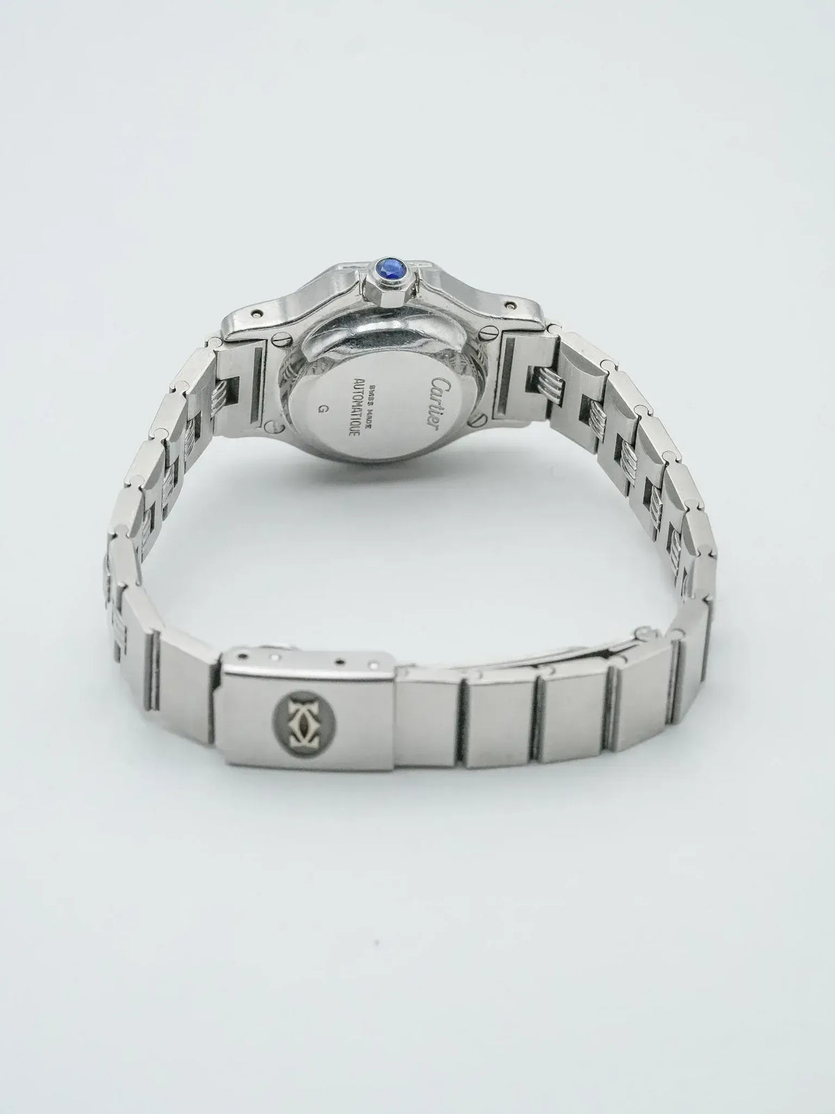 Cartier Pasha vintage watch back view, stainless steel bracelet, blue cabochon crown