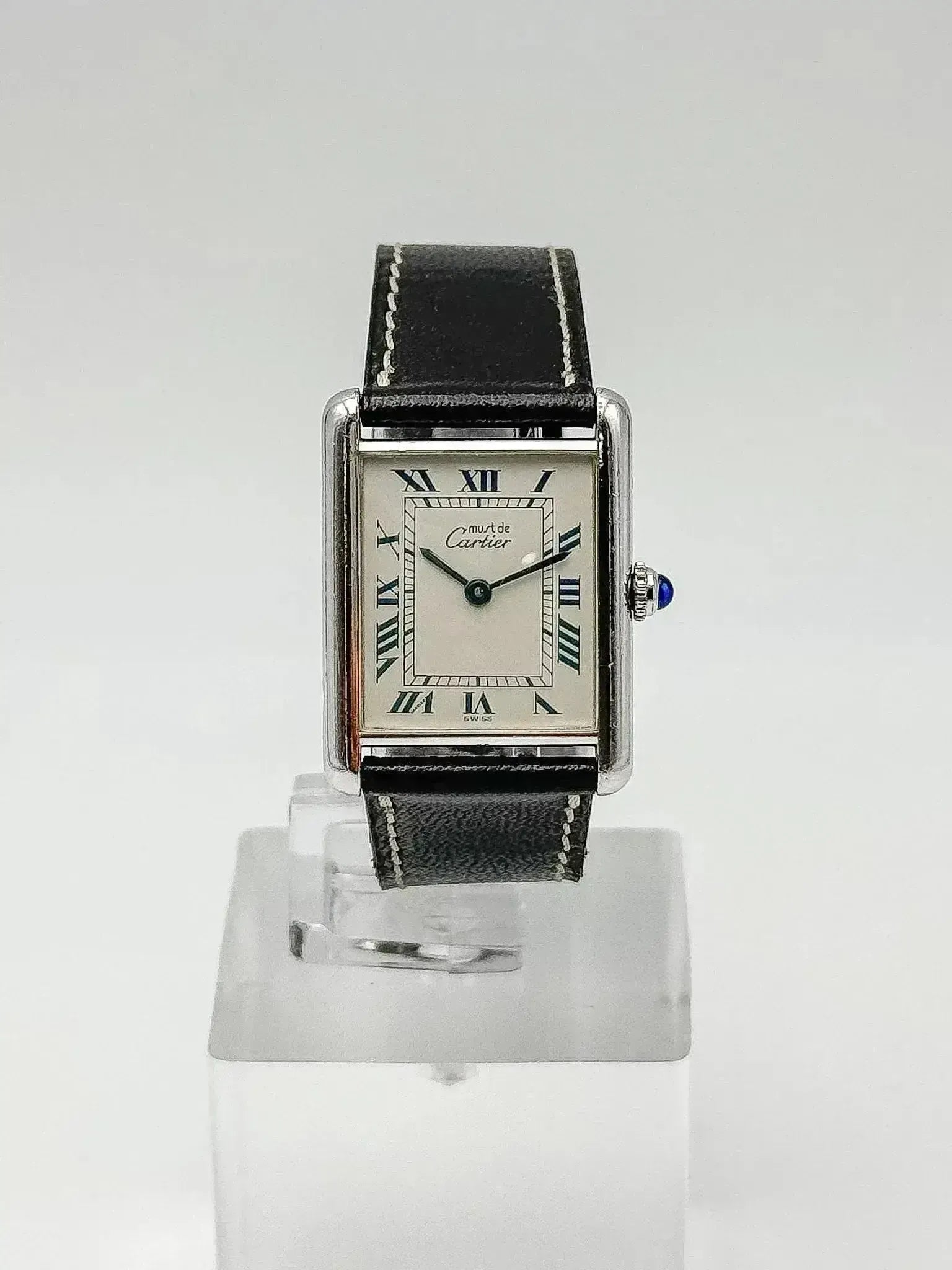 Cartier Watch Tank Must LM Silver Dial Roman Index SS Leather Quartz Analog Must de Cartier Tank Blue Roman numberals white dial, LM  main image 2